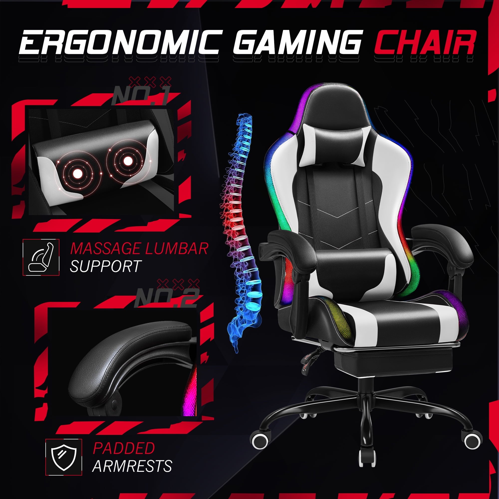 Homall RGB Gaming Chair with Massage and LED Lights Ergonomic Computer Chair with Footrest & Adjustable Lumbar Support, White