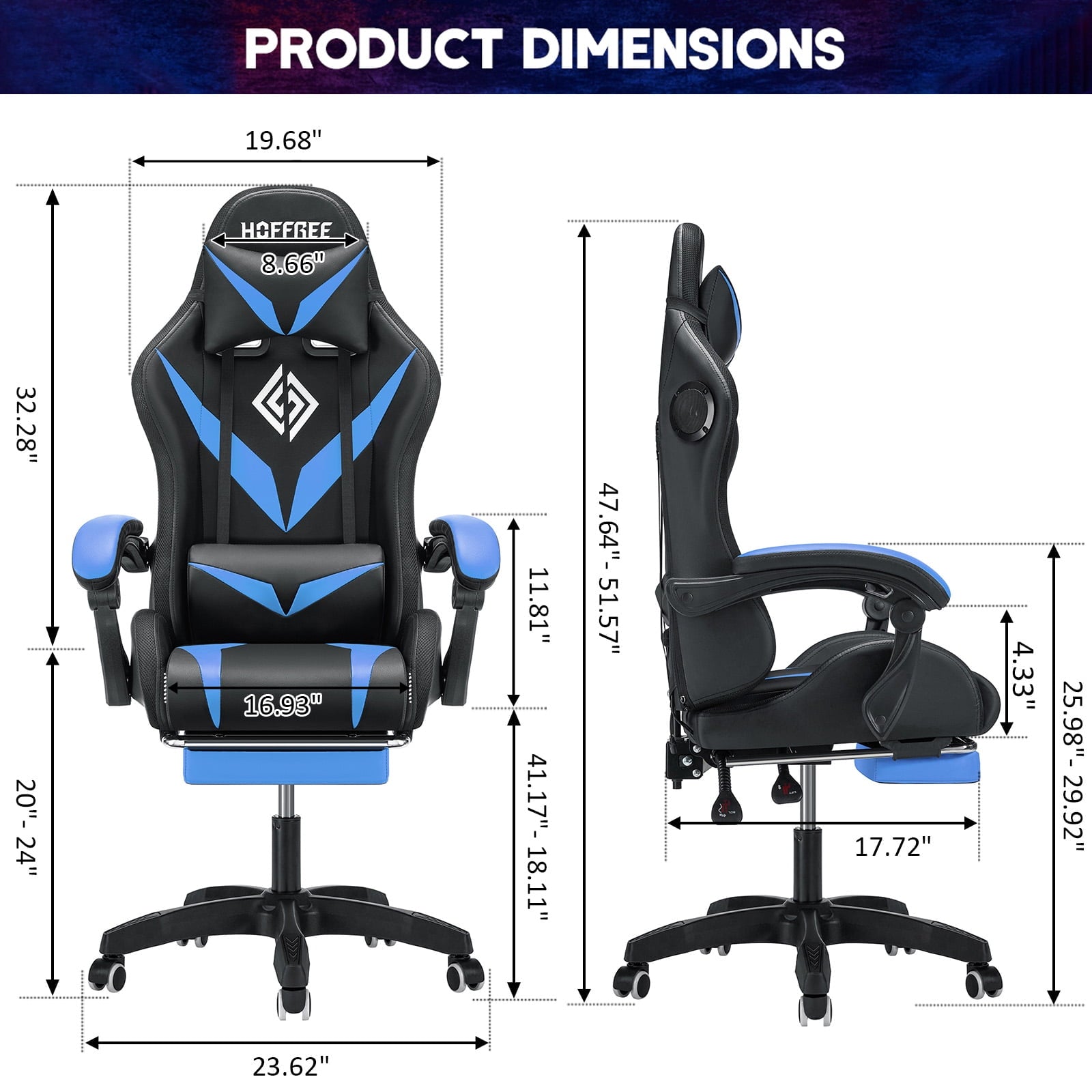 Hoffree Massage Gaming Chair Racing Office Computer Game Chair Ergonomic Backrest and Seat Height Adjustment Recliner Swivel Rocker with Headrest and Lumbar Pillow E-Sports Chair