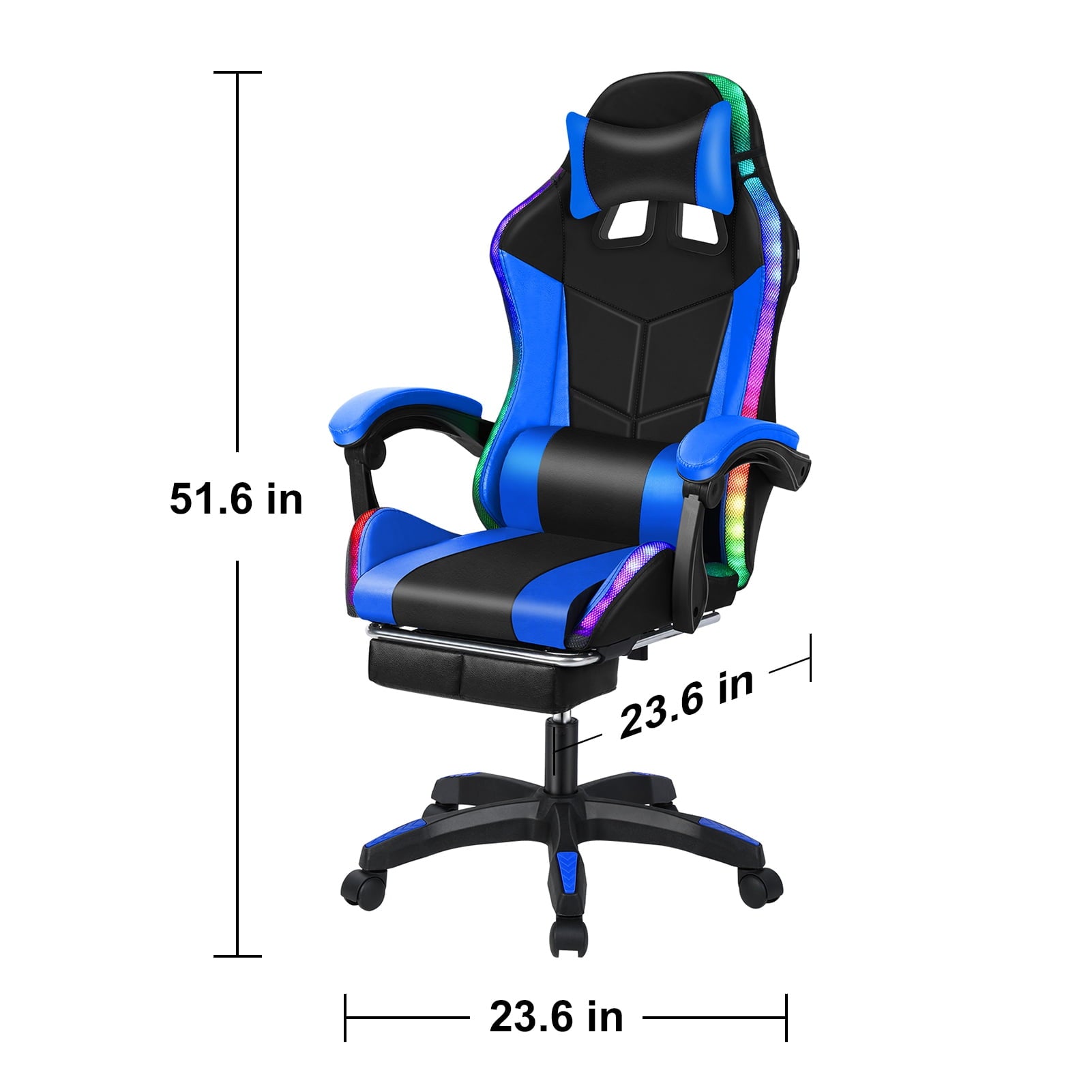 mwptoo Ergonomic Gaming Chair, Bluetooth Speakers and LED RGB Lights Massage Lumbar Support Computer Gaming Chairs Height Adjustable Video Gaming Chair (Black & Blue)