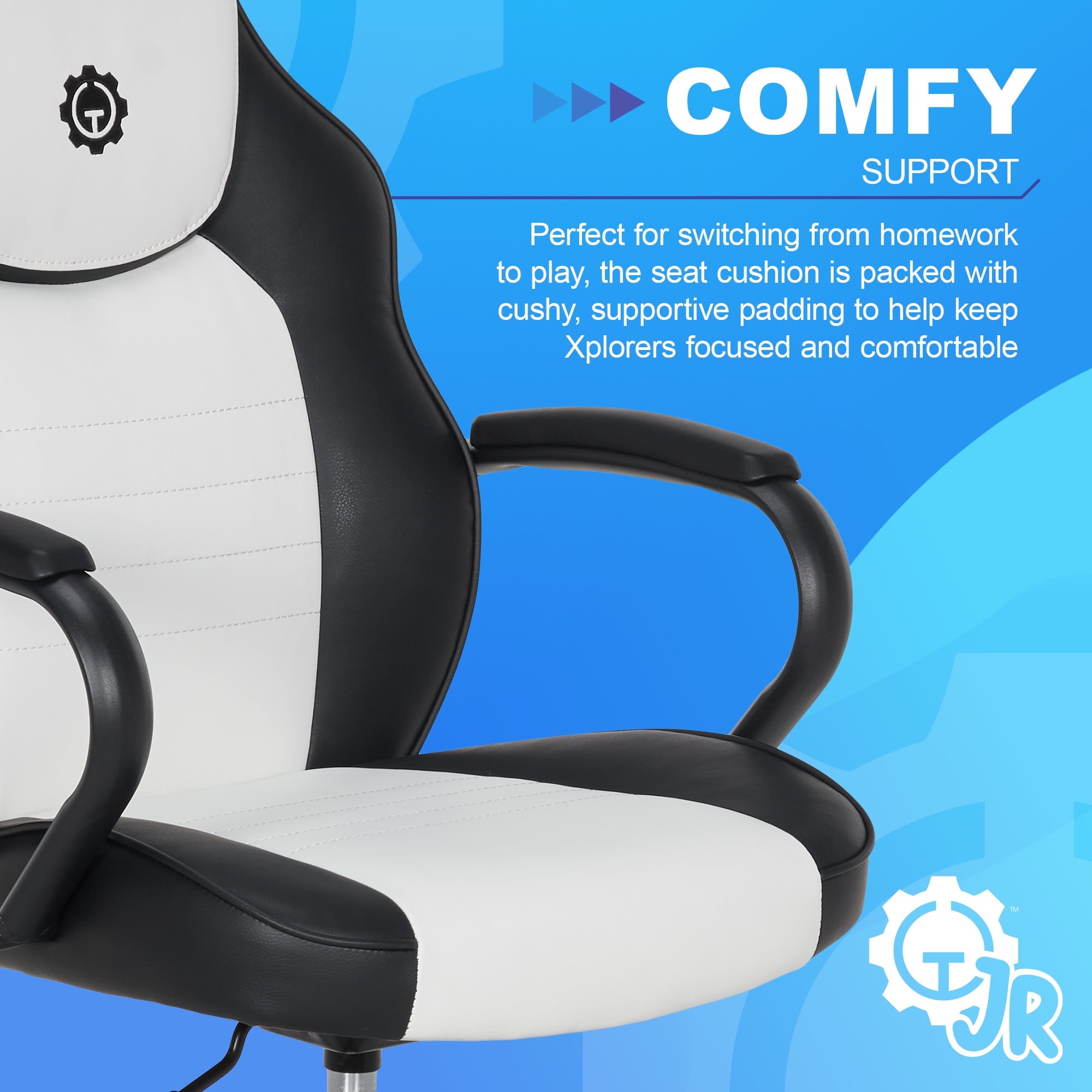 Gamer Gear Jr. Xplorer Gaming and Computer Chair, Kids and Teens Gaming Chair with Padded Arms, Adjustable Height, White and Black