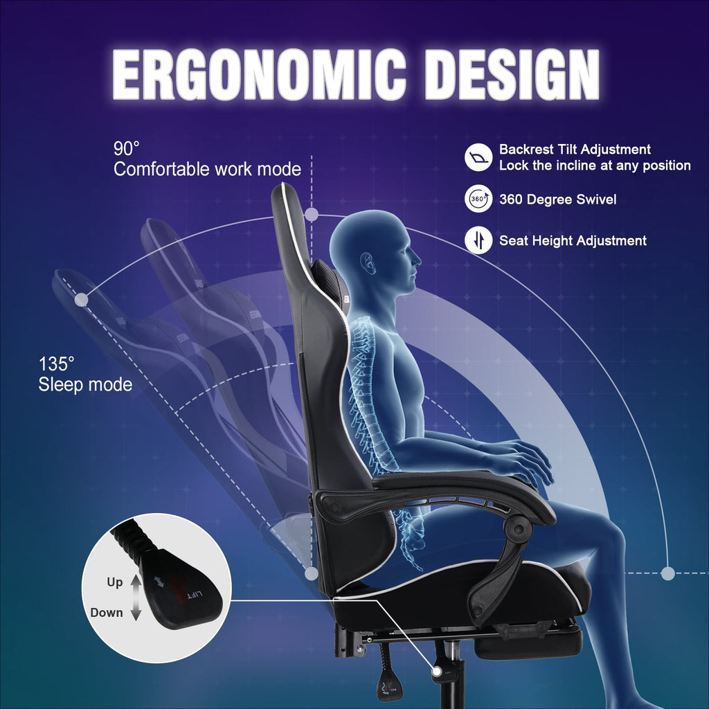 GTPLAYER Gaming Chair Ergonomic Computer Desk Chair with Footrest and Lumbar Support, White