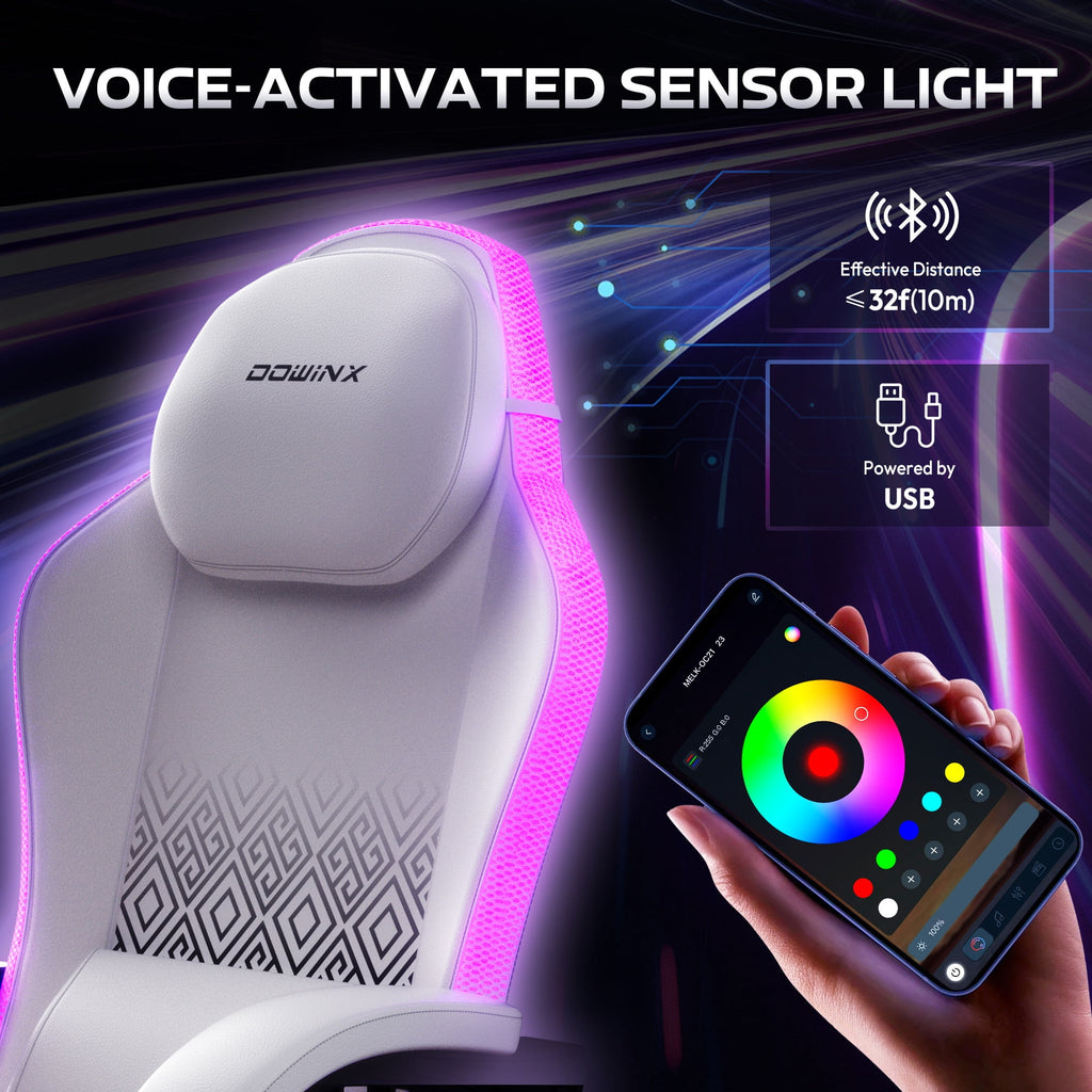 Dowinx RGB LED Gaming Chair with Massage Lumbar Support & Footrest - Ergonomic PU Leather Video Game Chair for Adults, White