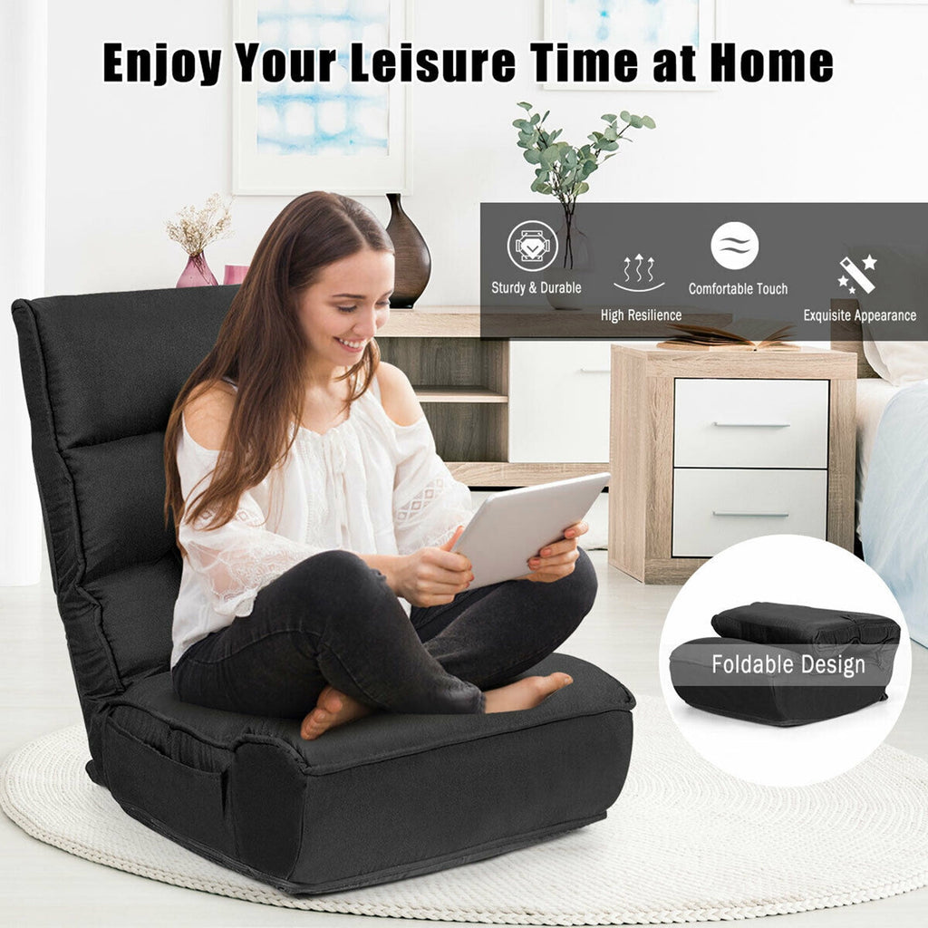 Gymax 4-Position Floor Chair Folding Lazy Sofa w/Adjustable Backrest & Headrest Black