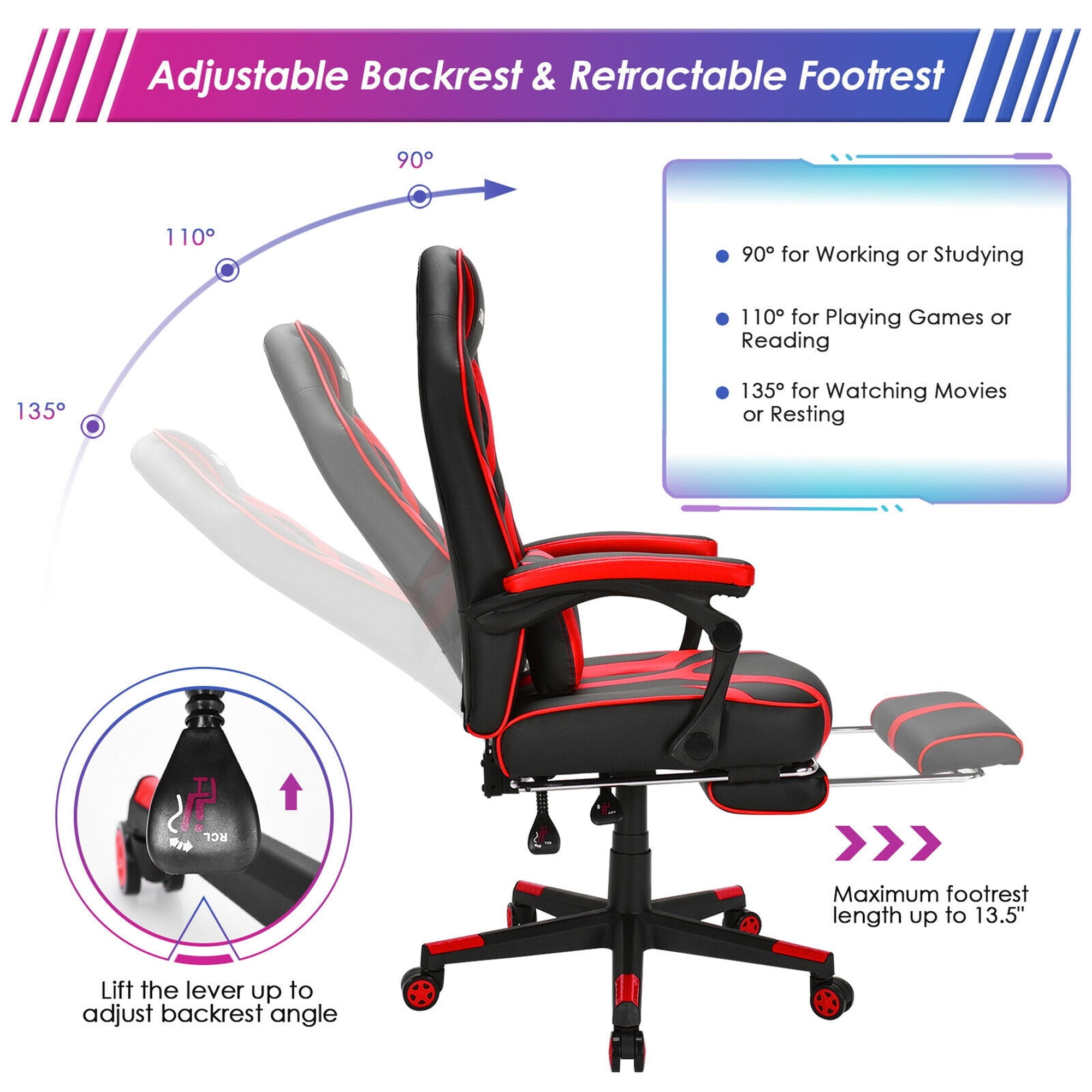 Gymax Massage Gaming Chair Racing Recliner Computer Desk Chair w/Footrest Red
