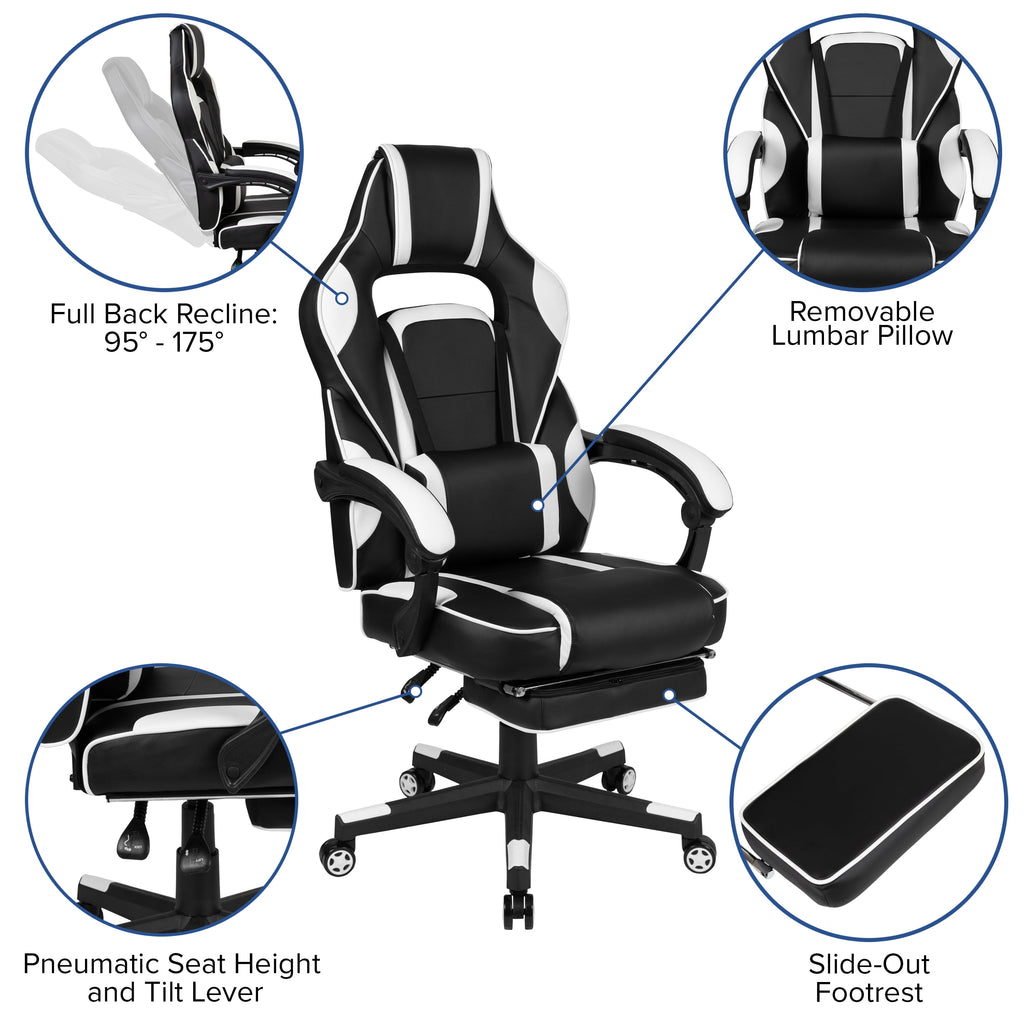 Flash Furniture Red Gaming Desk with Cup Holder/Headphone Hook & White Reclining Back/Arms Gaming Chair with Footrest