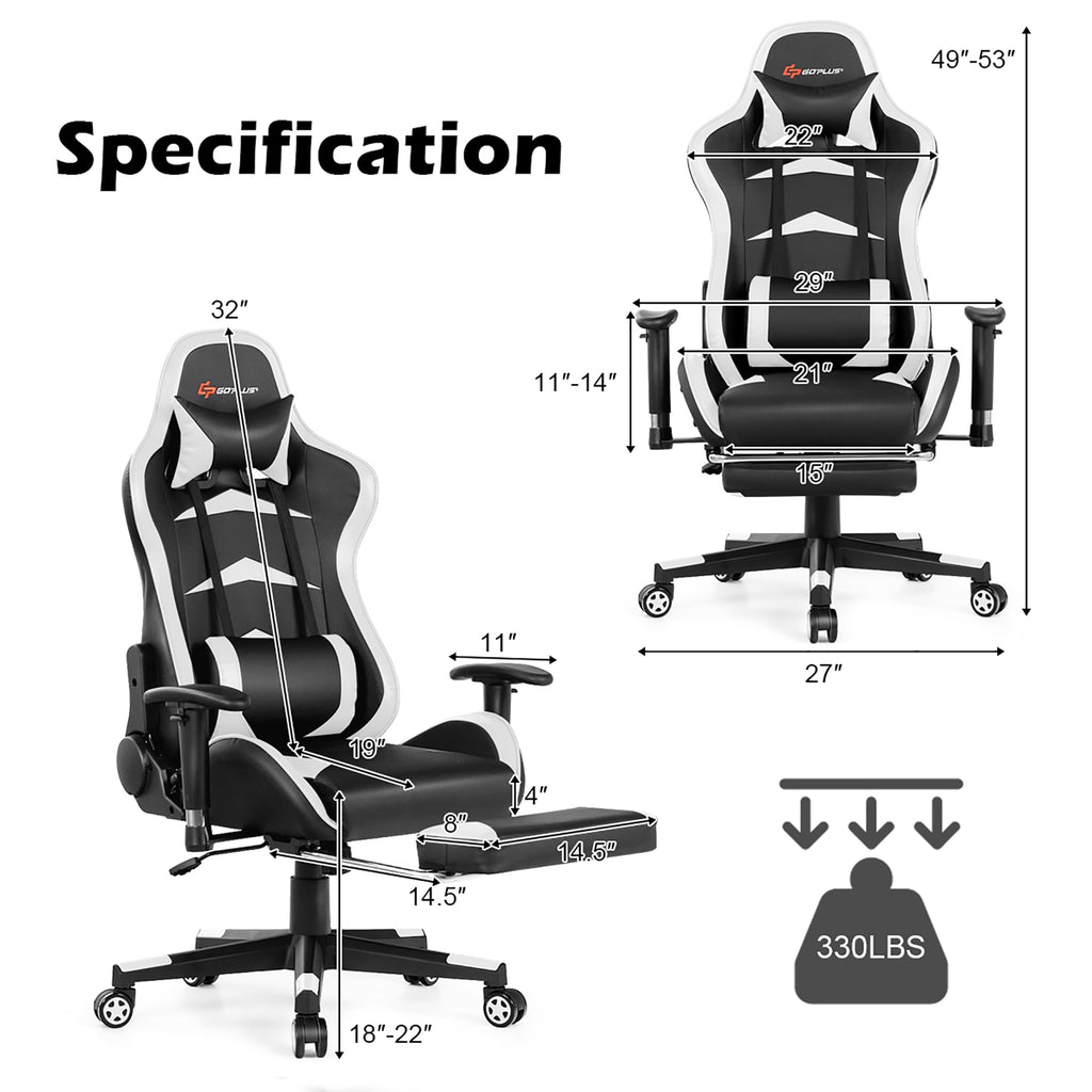Costway Adjustable High Back Racing Gaming Chair with Footrest and Lumbar Massage, White