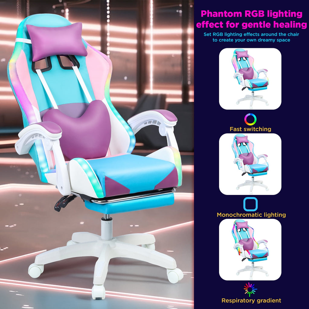 Frogued Gaming Chair with RGB LED Lights for Girls, 360-degree Swivel Base, Ergonomic Computer Chair with Massage and Footrest, Reclining Video Game Chair for Adult