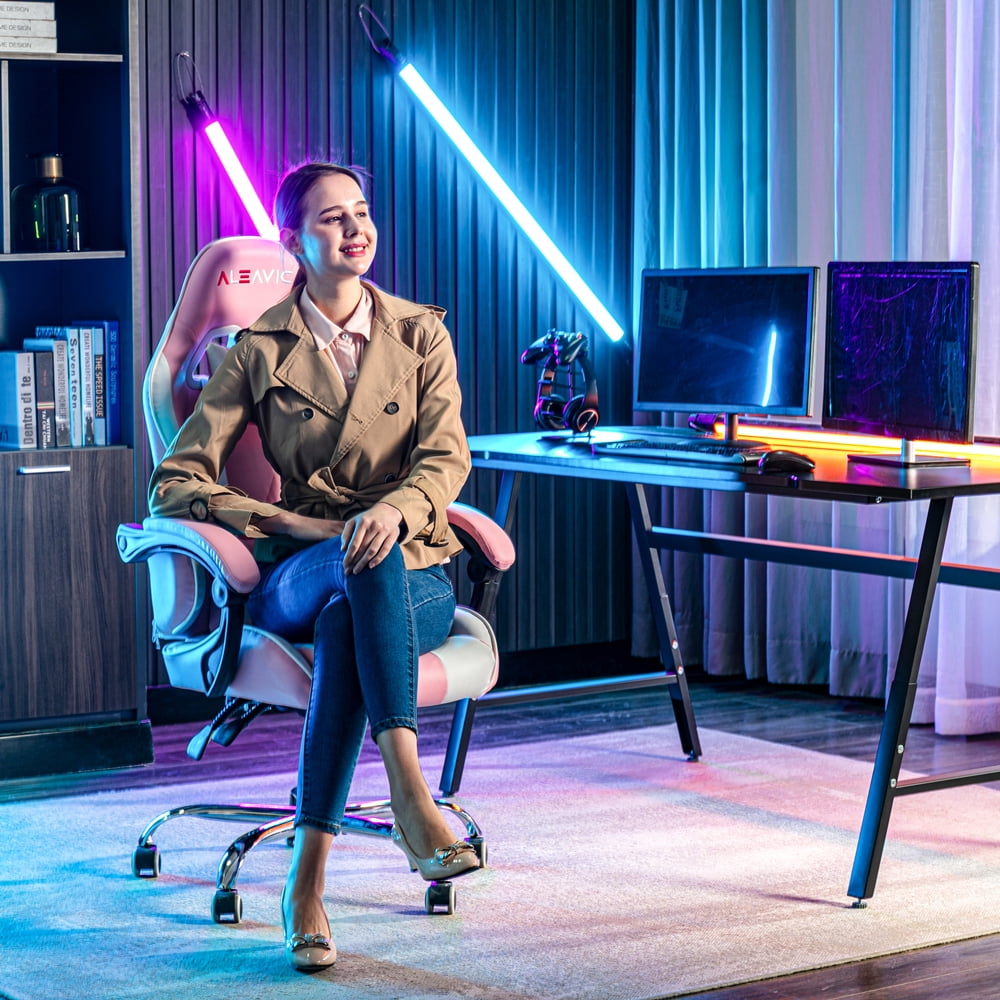 ALEAVIC Ergonomic Gaming Chair, Adjustable PU Leather Gaming Chair for Adults, Pink