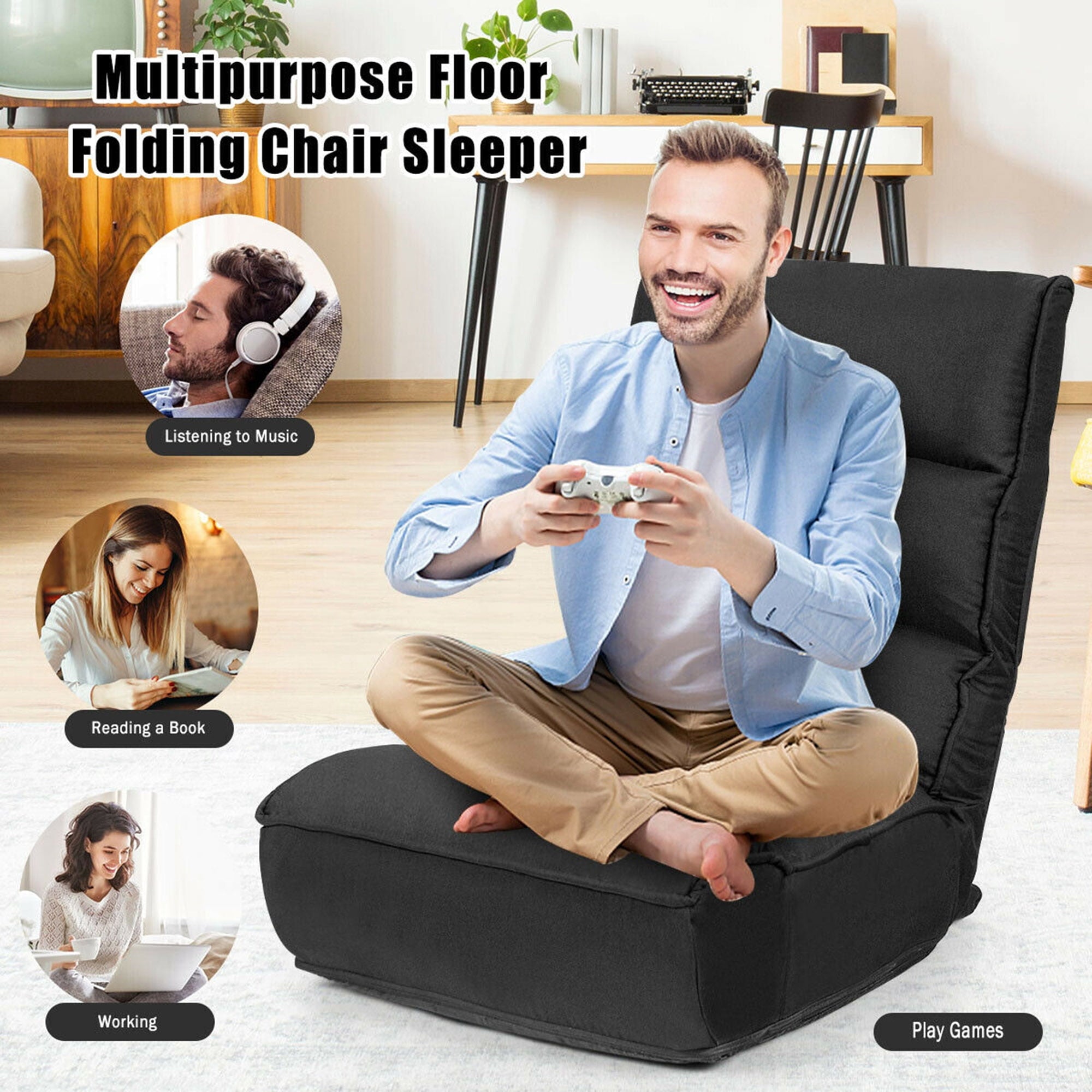 Gymax 4-Position Floor Chair Folding Lazy Sofa w/Adjustable Backrest & Headrest Black