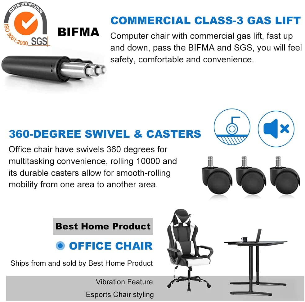 Dkelincs Massage Gaming Chair Adjustable Computer Game Chair with Headrest Ergonomic Office Chair with Armrest & Massage Lumbar Support for Teens & Kids, White