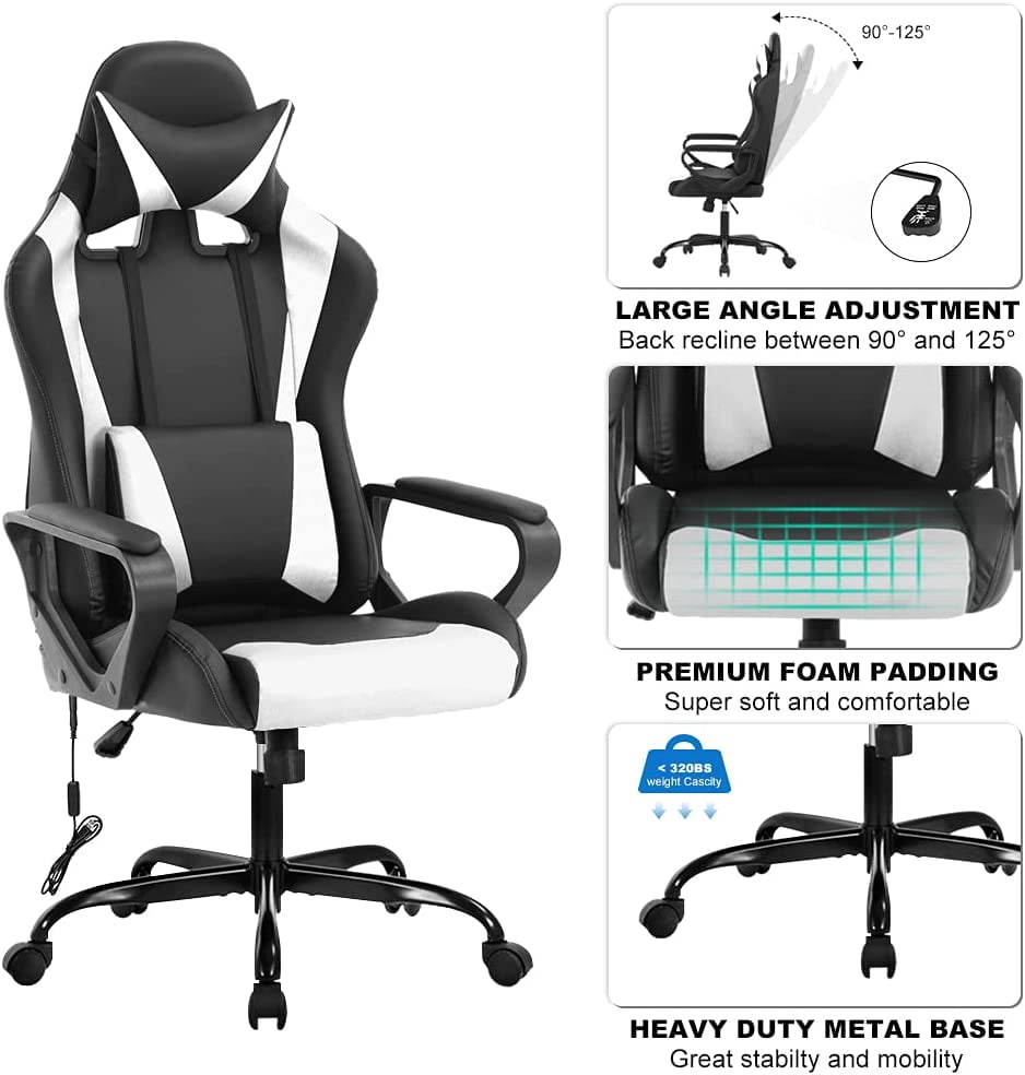 Dkelincs Massage Gaming Chair Adjustable Computer Game Chair with Headrest Ergonomic Office Chair with Armrest & Massage Lumbar Support for Teens & Kids, White