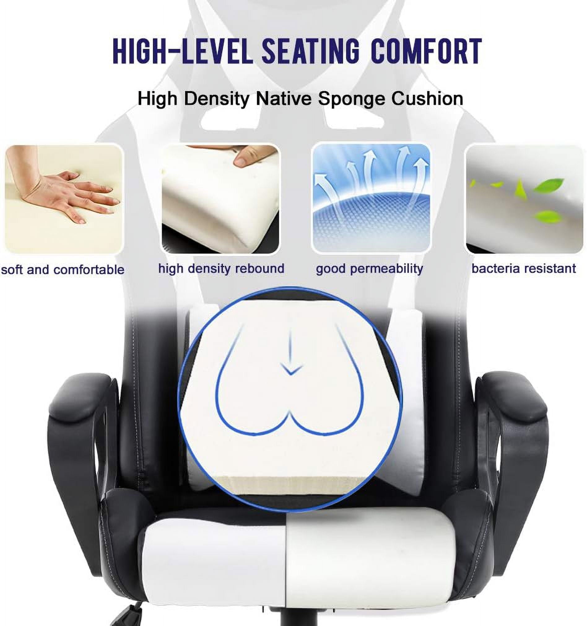 Ergonomic Racing Desk Chair - High-Back Gaming Chair & Office Computer Chair with Adjustable Lumbar Support, Headrest, 360° Swivel & PU Leather for Adults, Men, Women (White)