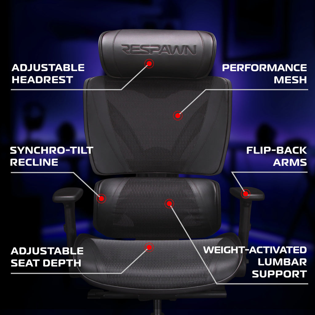 RESPAWN SPECTER Ergonomic Office Chair with Lumbar Support, Headrest, Adjustable Arms - Comfy Breathable Mesh Computer Desk Seat for Home Office, High Back Reclining Gaming Chairs for Adults - Black
