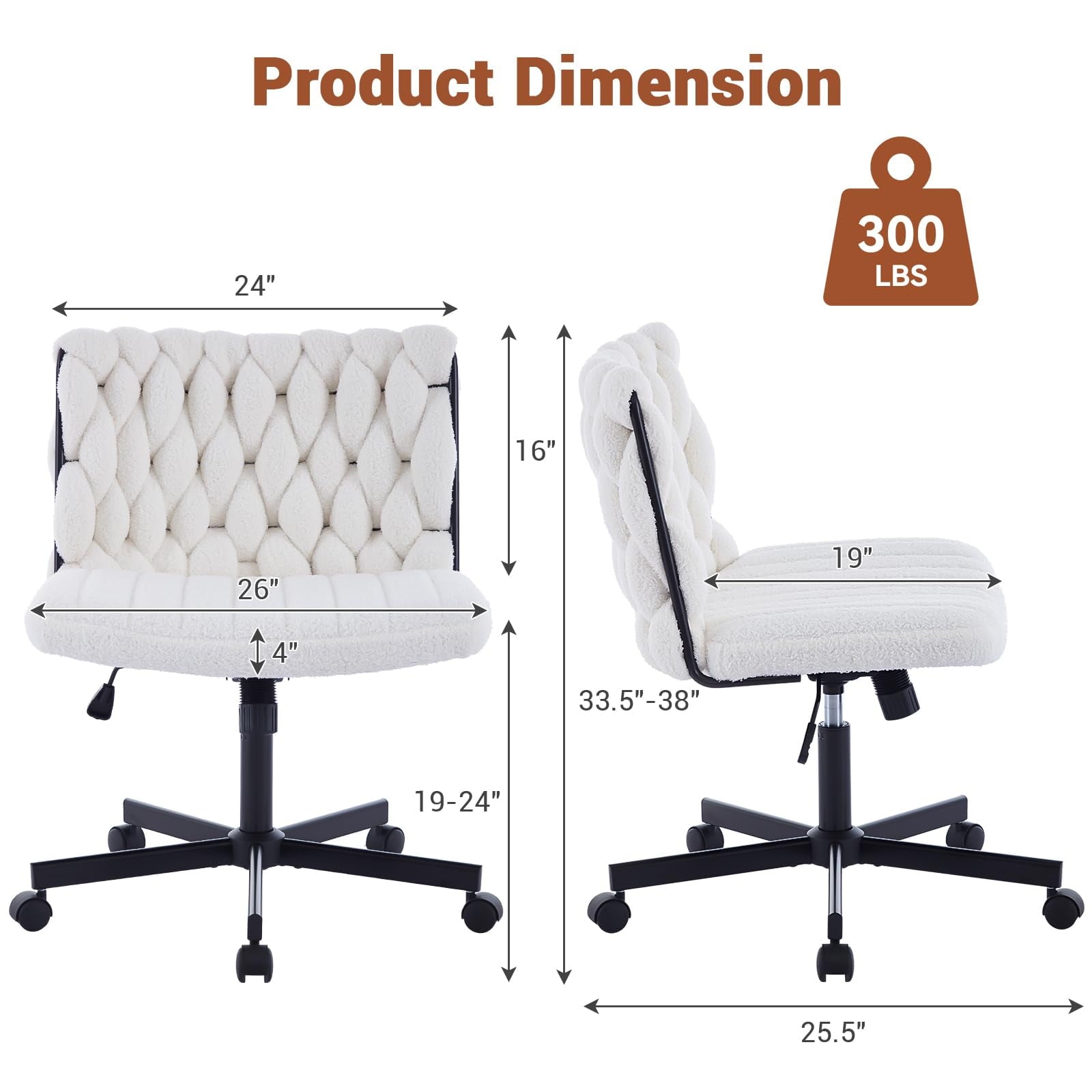 Huloretions Rolling Desk Chair,Computer Gaming Chair Fabric Criss Cross Chair,Armless Office Desk Chair,Swivel Height Adjustable Wide Seat,Vanity Chair Home Office Chair For Work Meditation