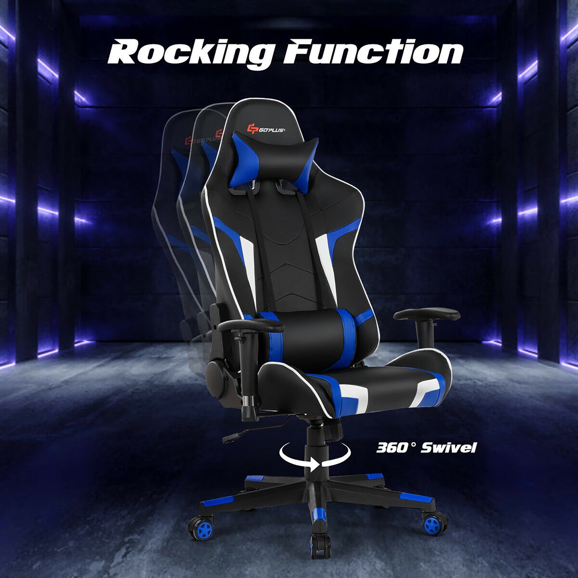 Goplus Massage Gaming Chair Racing Computer Swivel Chair with Headrest & Lumbar Support Blue