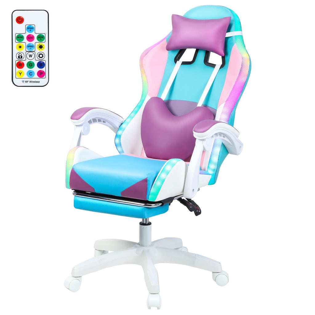 Frogued Gaming Chair with RGB LED Lights for Girls, 360-degree Swivel Base, Ergonomic Computer Chair with Massage and Footrest, Reclining Video Game Chair for Adult