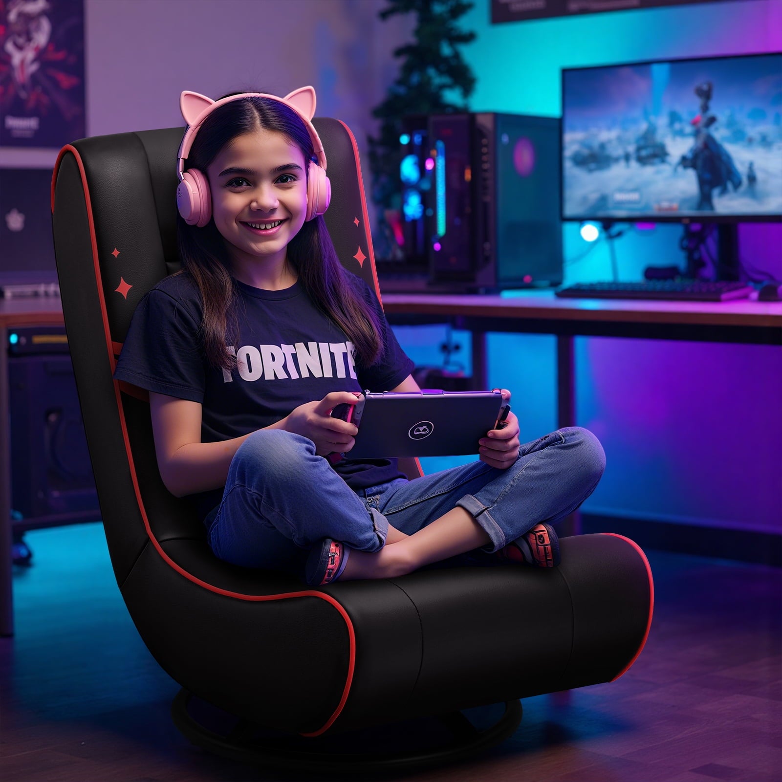 GTPLAYER Swivel Floor Gaming Chairs with Foldable Backrest for Teens,, Red