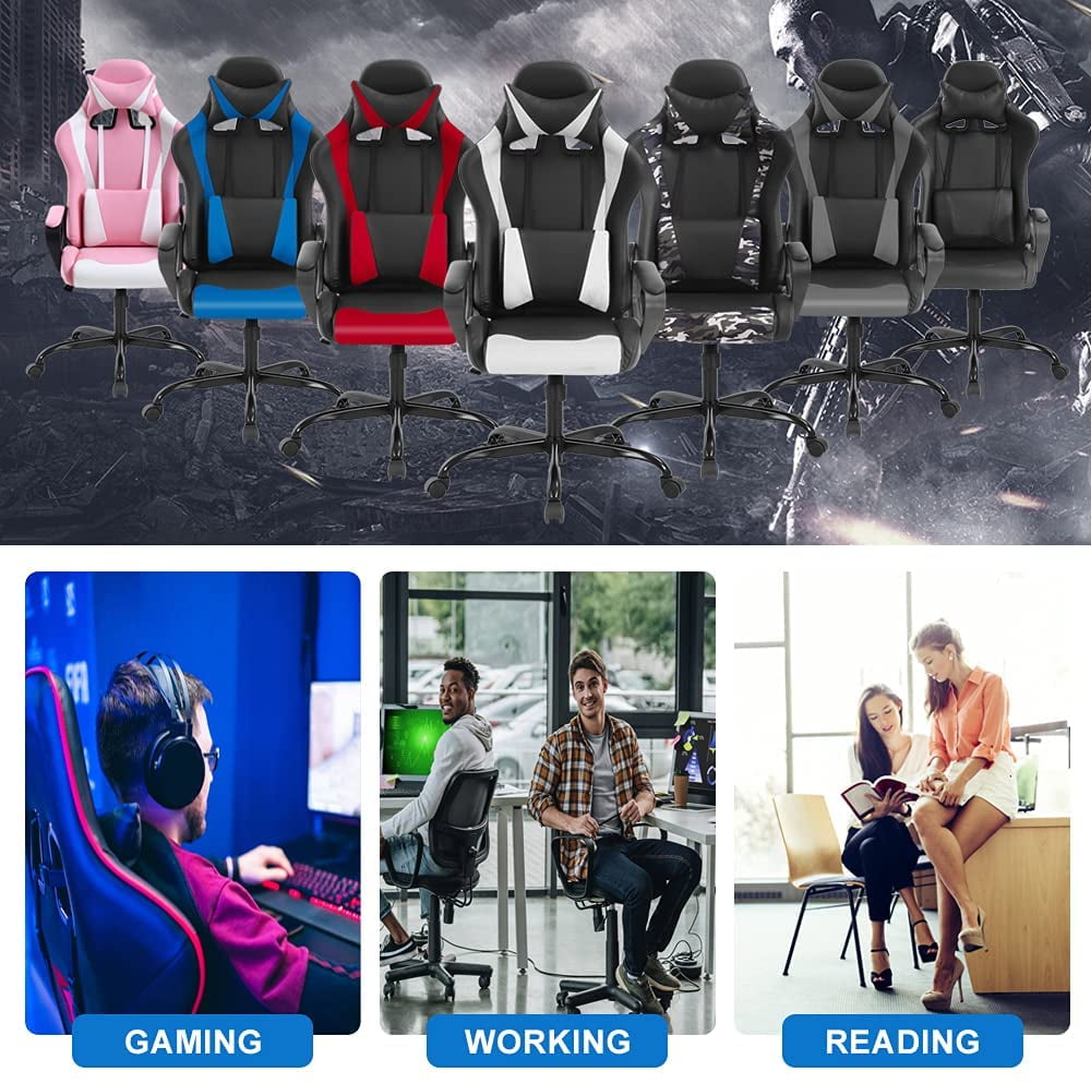 Dkelincs Massage Gaming Chair Adjustable Computer Game Chair with Headrest Ergonomic Office Chair with Armrest & Massage Lumbar Support for Teens & Kids, White