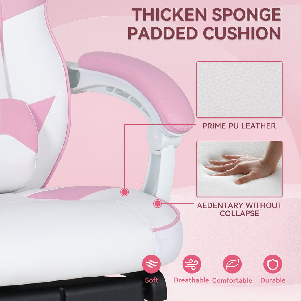FULLWATT Video Gaming Chair Office Chair Ergonomic PC Computer Chair Reclining Racing Chair with High Back Swivel Executive Office Desk Chair with Extendable Footrest Adjustable Lumbar Pillow Pink