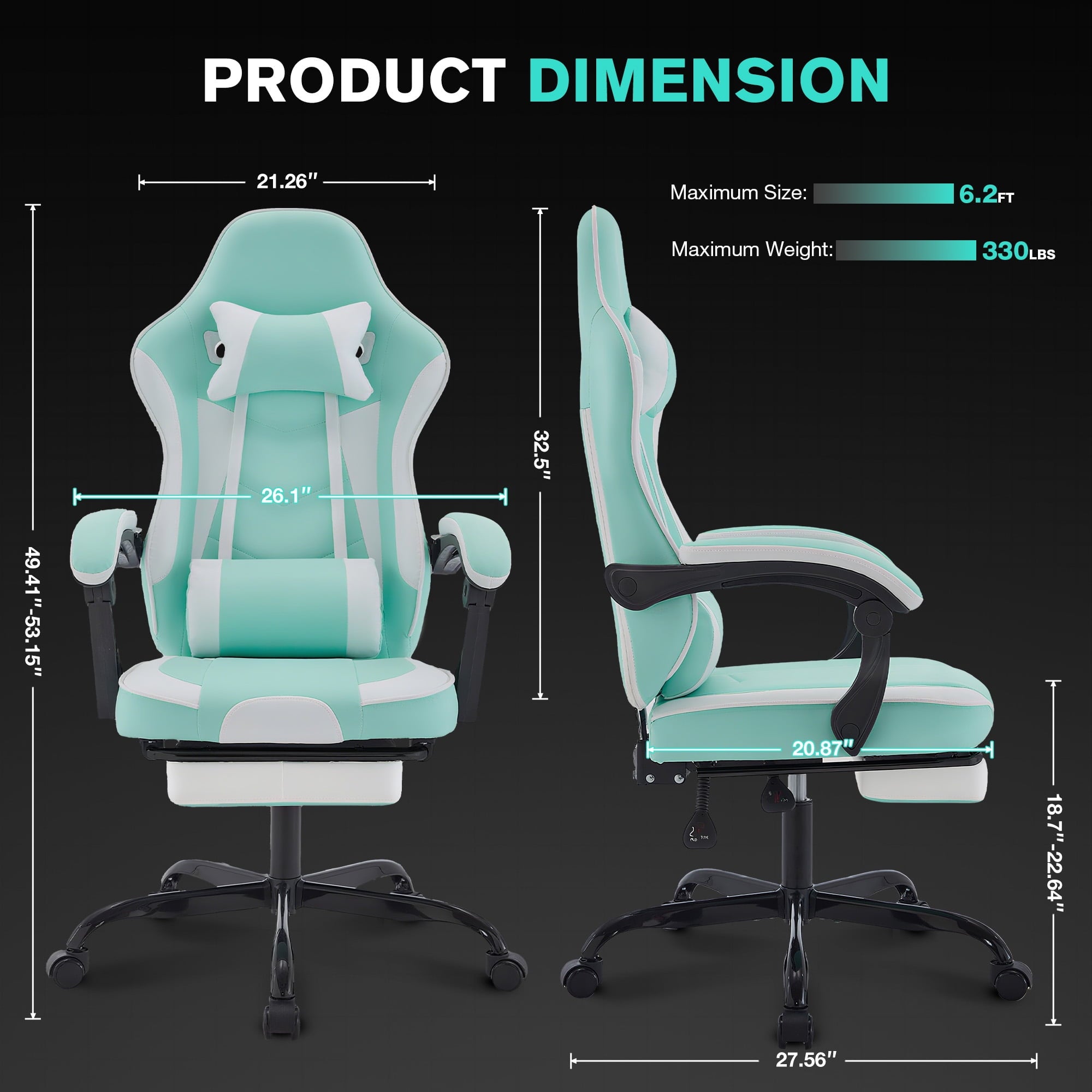 JONPONY Ergonomic Gaming Chair with Adjustable Footrest, 360° Swivel Racing Chair with Lumbar Support and Headrest, Breathable Material High Back Computer Chair for Adults,Green