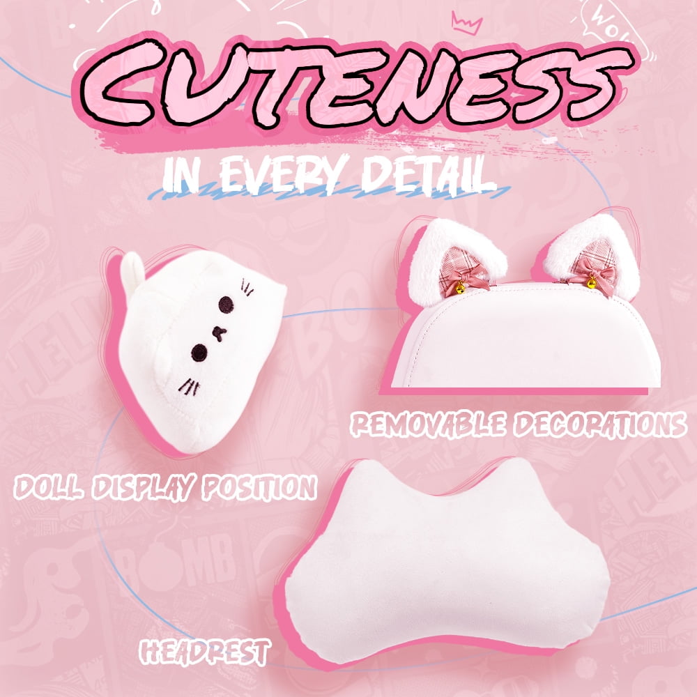 Dowinx Gaming Chair with Cat Ears, Massage Lumbar & Footrest - Ergonomic Reclining Computer Chair for Girls, 290LBS, White