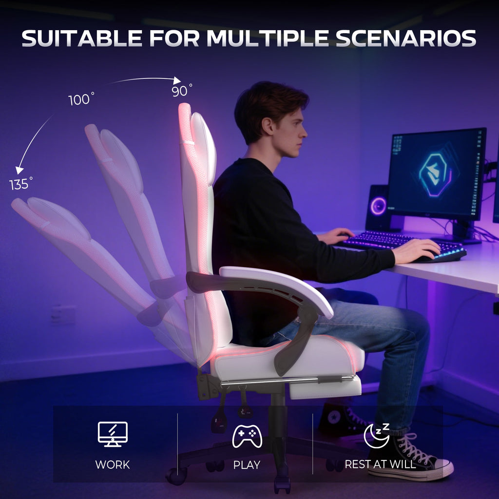 Dowinx RGB LED Gaming Chair with Massage Lumbar Support & Footrest - Ergonomic PU Leather Video Game Chair for Adults, White