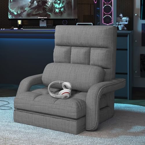 Floor Gaming Chair with 6 Adjustable Position, Foldable Lazy Sofa Chair with Armrest for Adult, Comfy Chaise Lounge Indoor, Breathable Floor Bed Sleeper for Bedroom, Yoga, Dorm