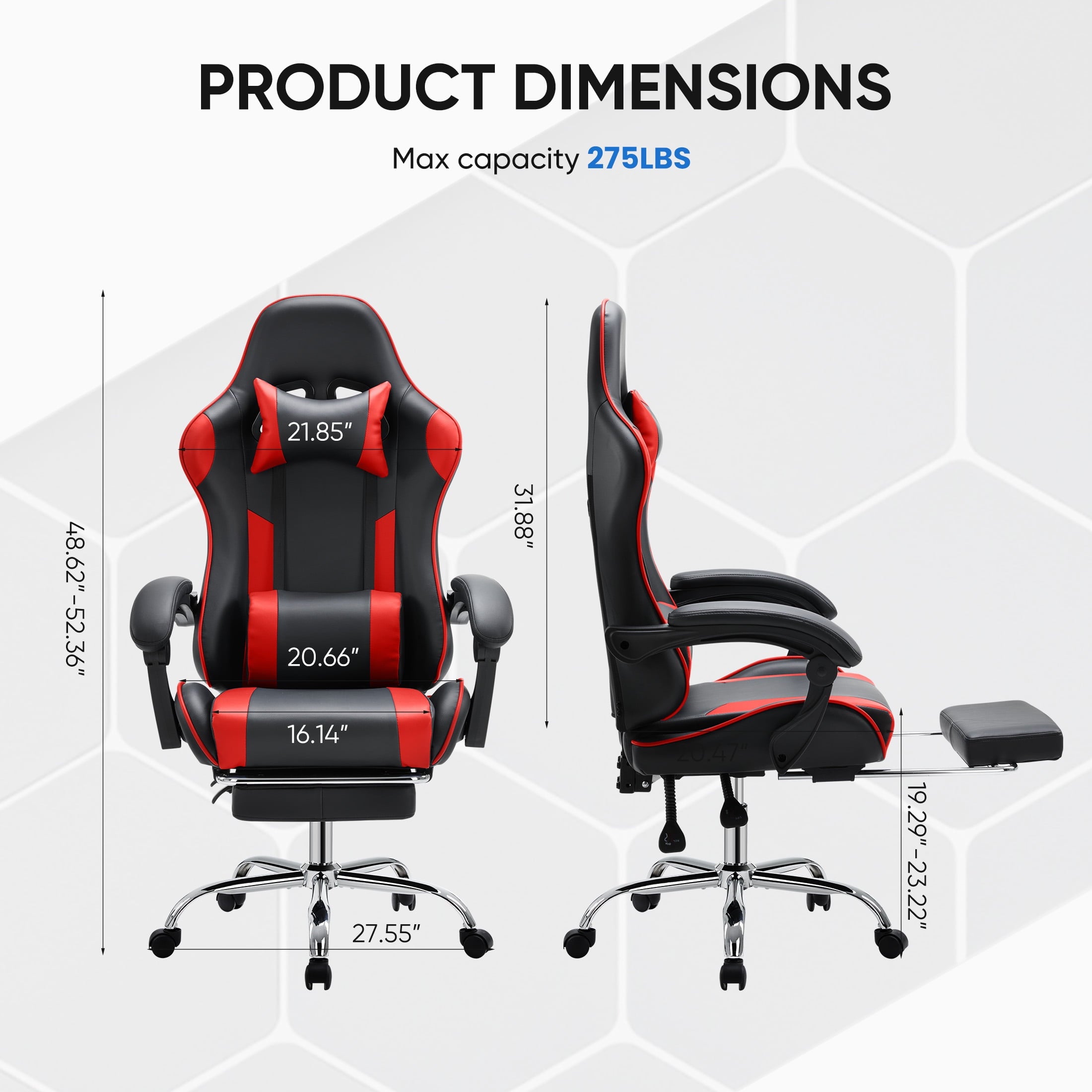 JOINSUN PU Leather Ergonomic Gaming Desk Chair, Fixed Armrests, Height Adjustable, 360° Swivel, for Adults, Red
