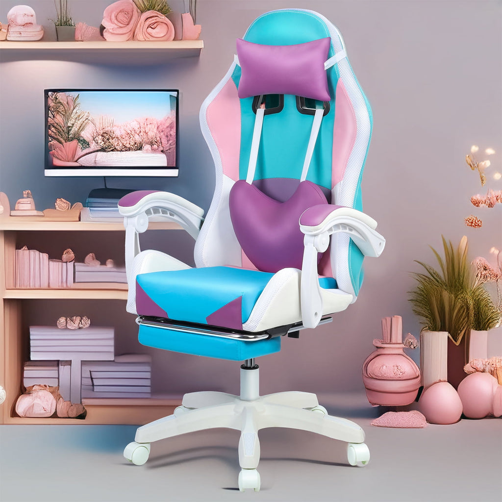 Frogued Gaming Chair with RGB LED Lights for Girls, 360-degree Swivel Base, Ergonomic Computer Chair with Massage and Footrest, Reclining Video Game Chair for Adult