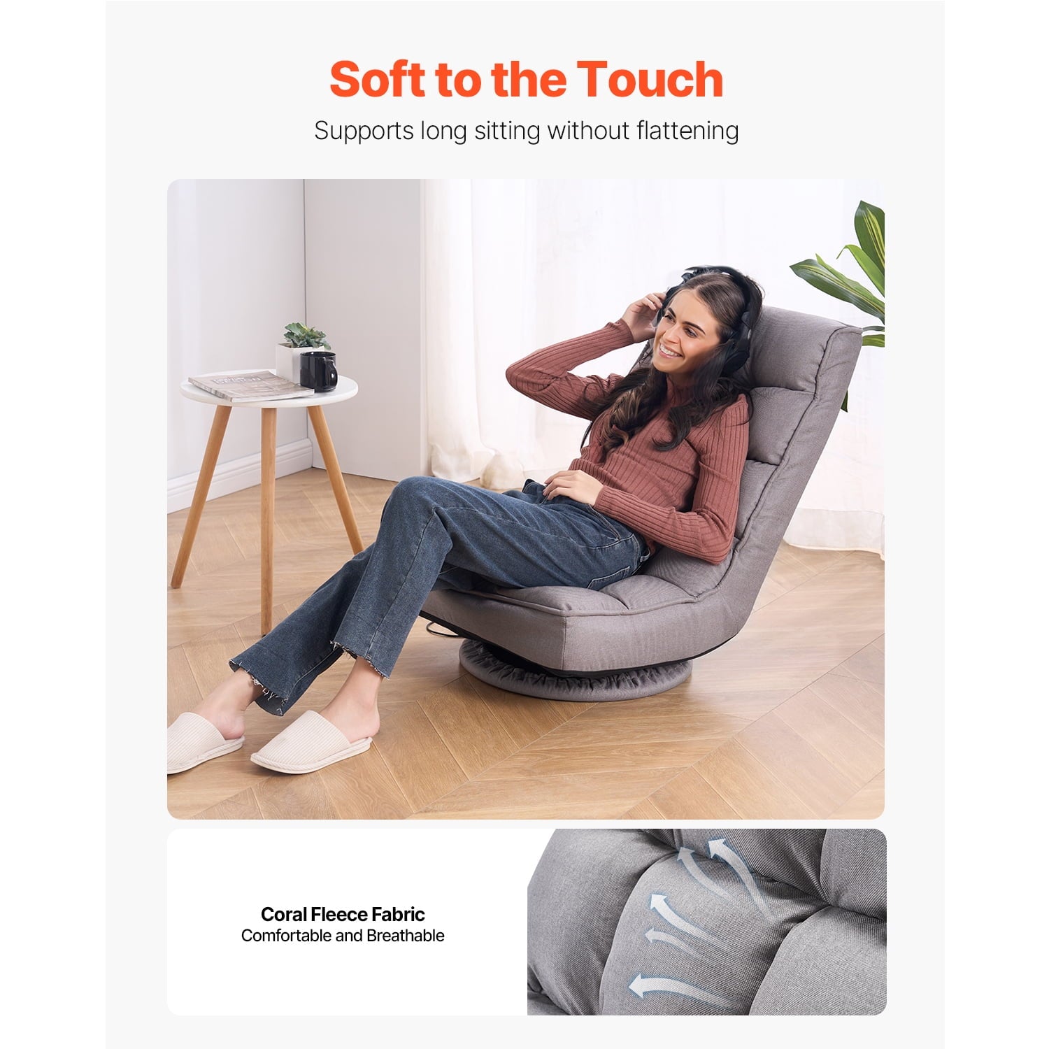 KFFKFF Rotational Floor Gaming Seat, Full-circle Spin Floor Seat with Quadruple Position Adjustable Folding Backrest and Back Support, Collapsible Video Lounging Couch for TV Viewing, in Grey