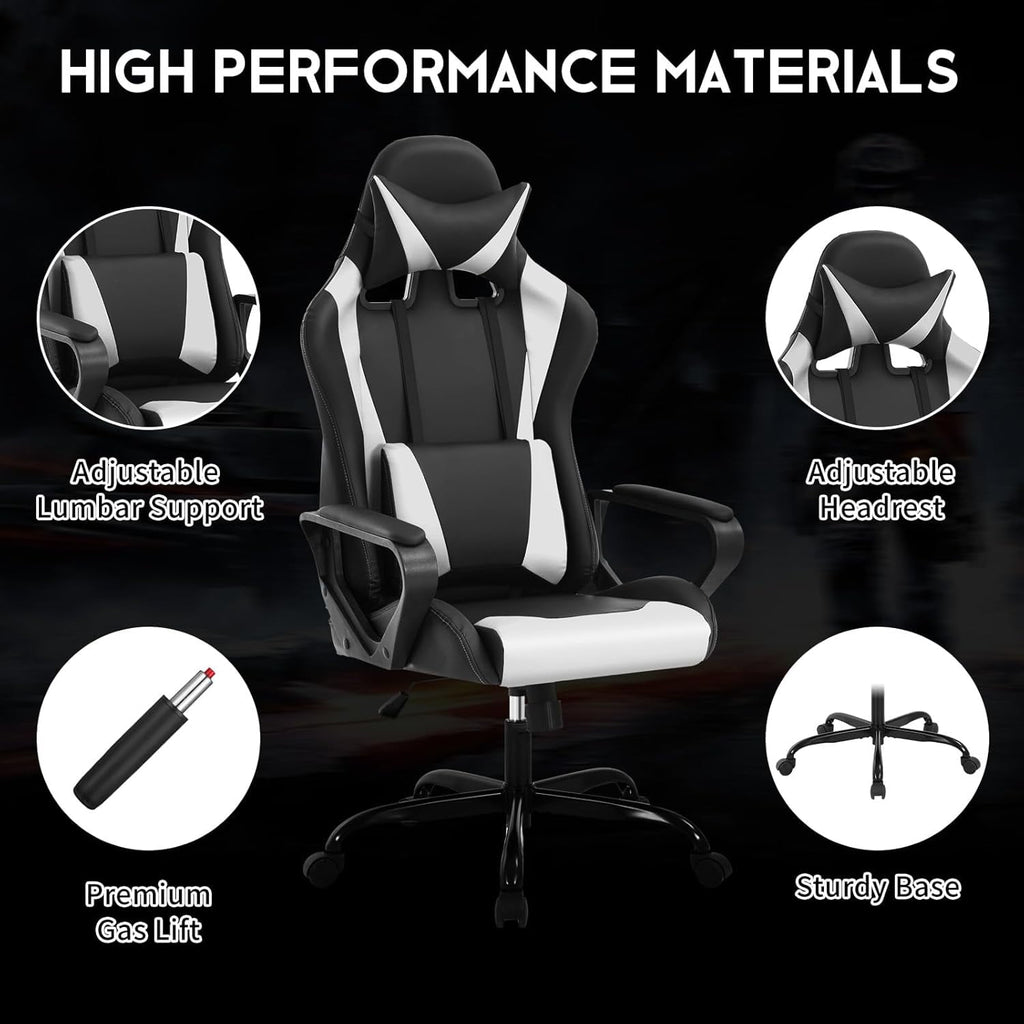 Dkelincs High Back Gaming Chair Racing Office Chair Leather Ergonomic Computer Chair Adjustable Swivel Rolling Desk Chair for Adults Teens, White