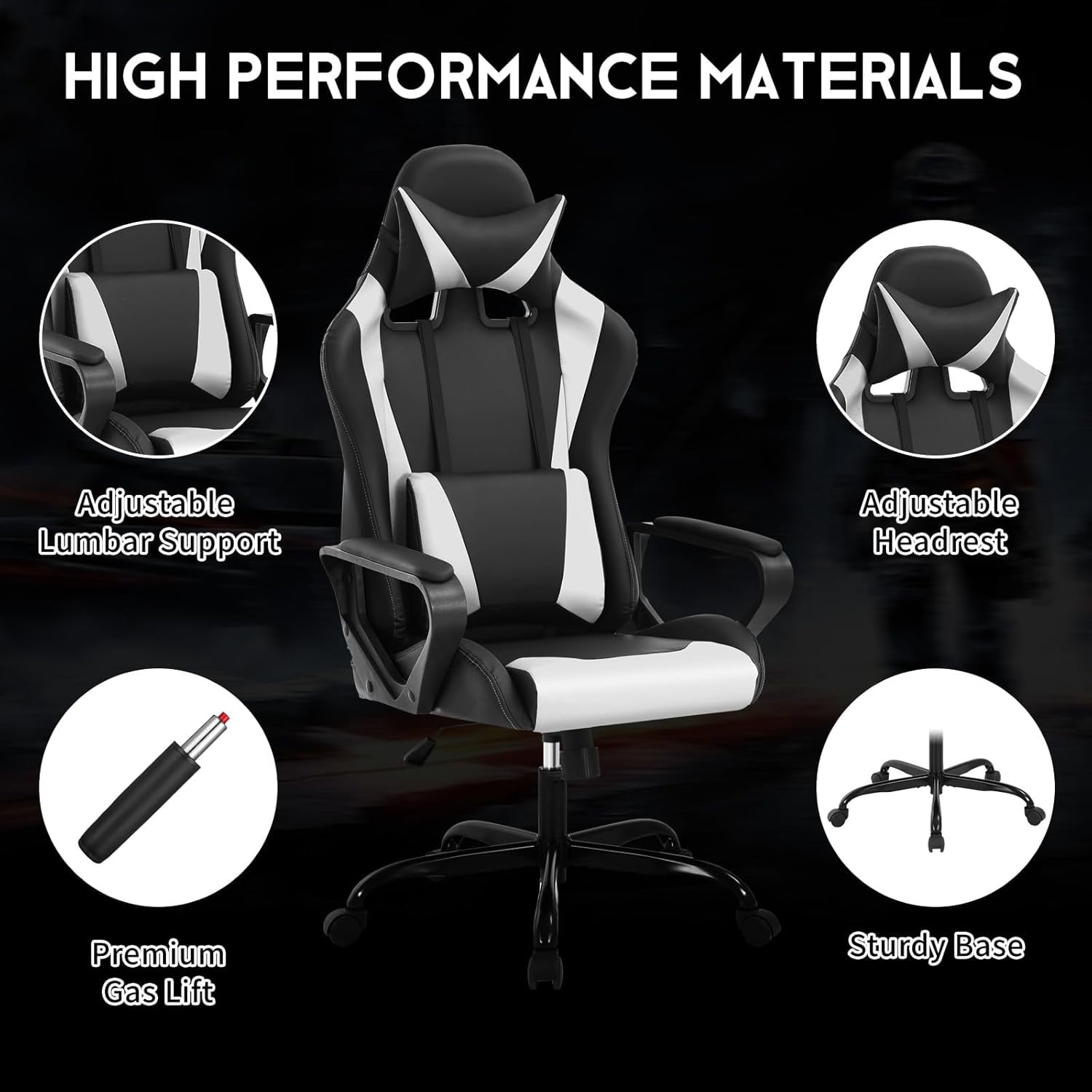 Dkelincs High Back Gaming Chair Racing Office Chair Leather Ergonomic Computer Chair Adjustable Swivel Rolling Desk Chair for Adults Teens, White