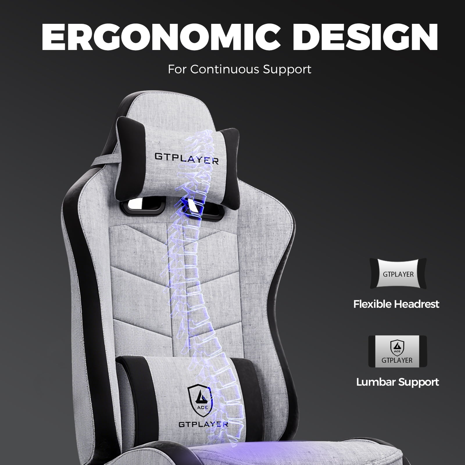 GTPLAYER Gaming Chair with Footrest, Computer Gaming Chair for Adults and Kids, Height Adjustable Gamer Chair with 90-155° Recline & Removable Headrest Lumbar Support,Gray