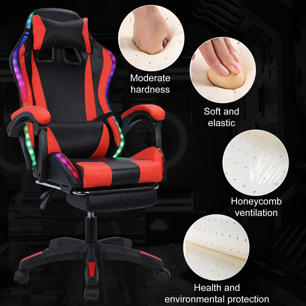 Zksm Gaming Chair, Computer Chair with Bluetooth Speakers,RGB Lights,Footrest and Lumbar Support, Height Adjustable Video Game Chair Office Desk Chair, Black & Red