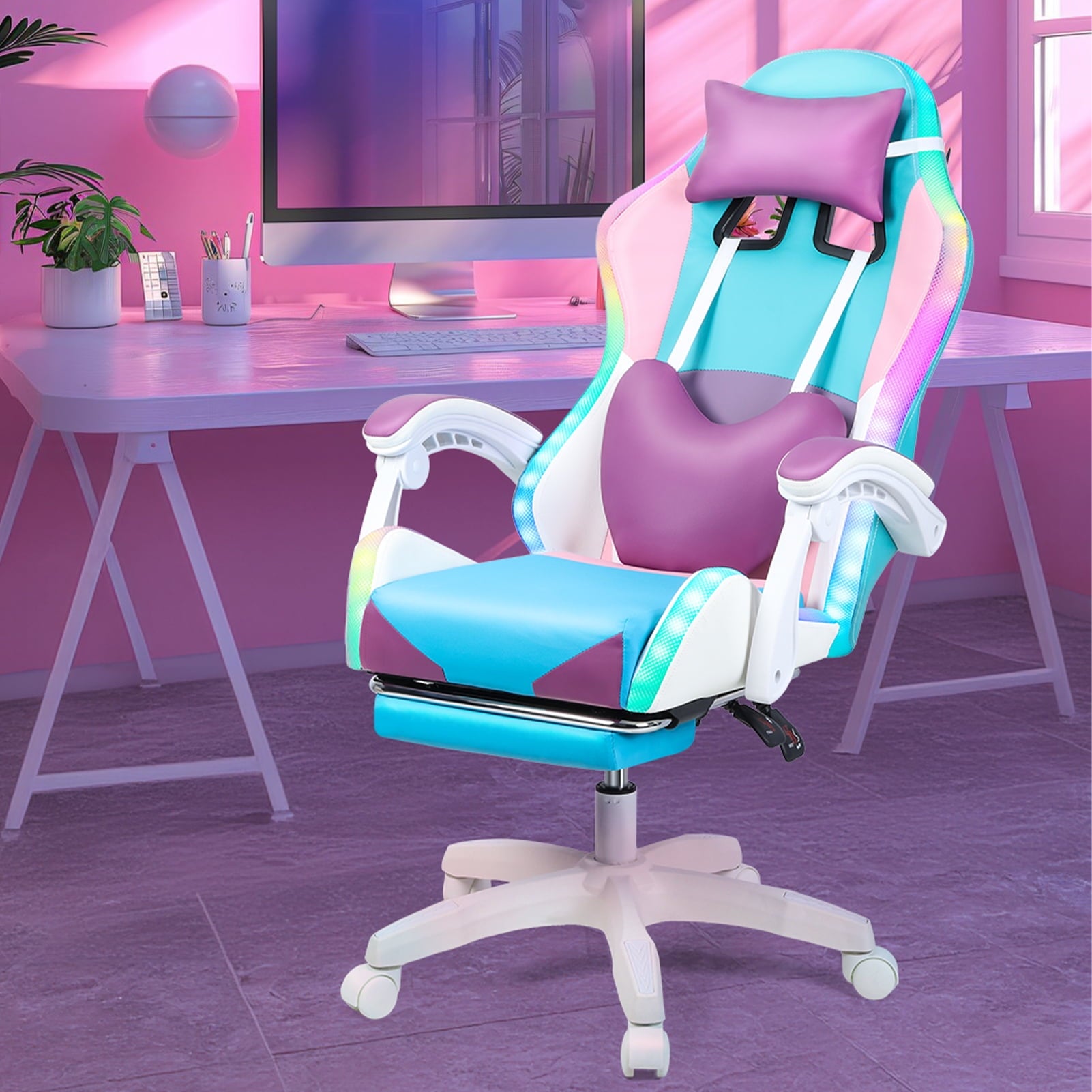 Frogued Gaming Chair with RGB LED Lights for Girls, 360-degree Swivel Base, Ergonomic Computer Chair with Massage and Footrest, Reclining Video Game Chair for Adult
