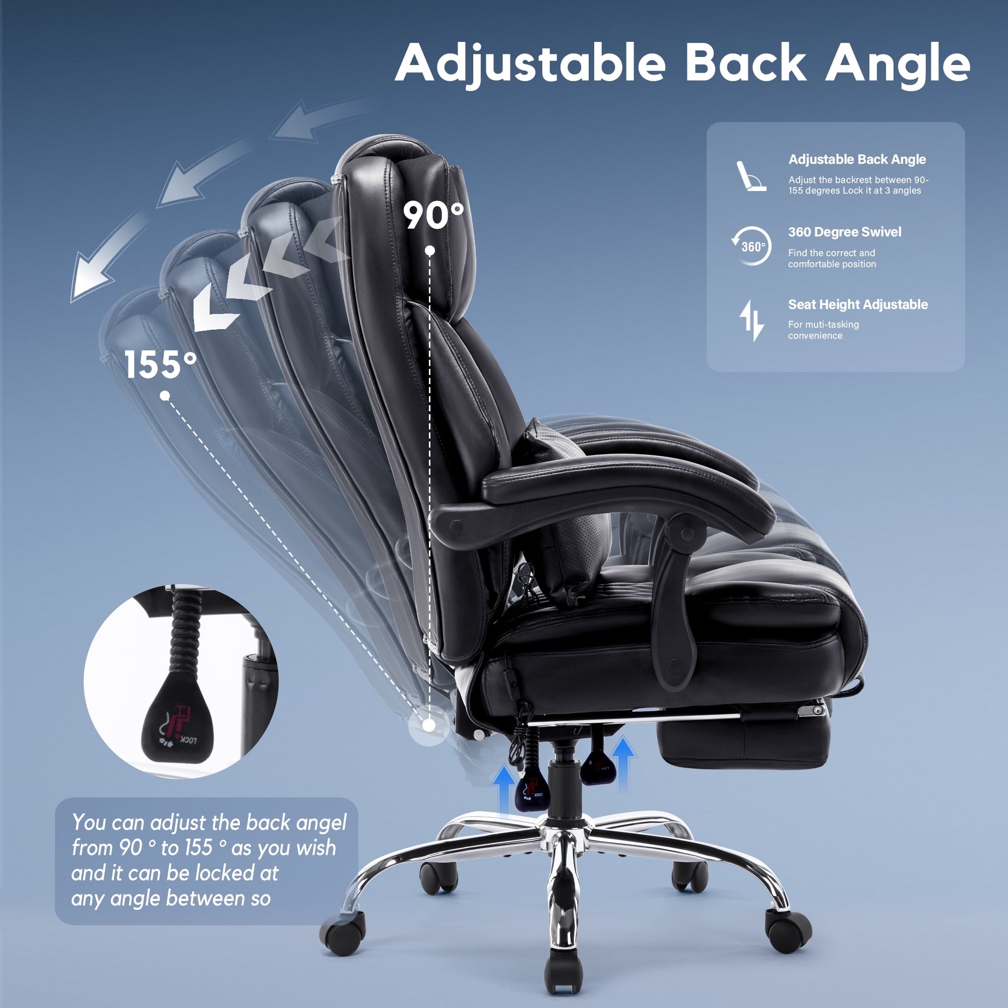 WOSDOM Gaming Chair with Massage Lumbar Support, Reclining Office Desk Chair, Comfortable Tall Computer Chair, Black, 300lbs