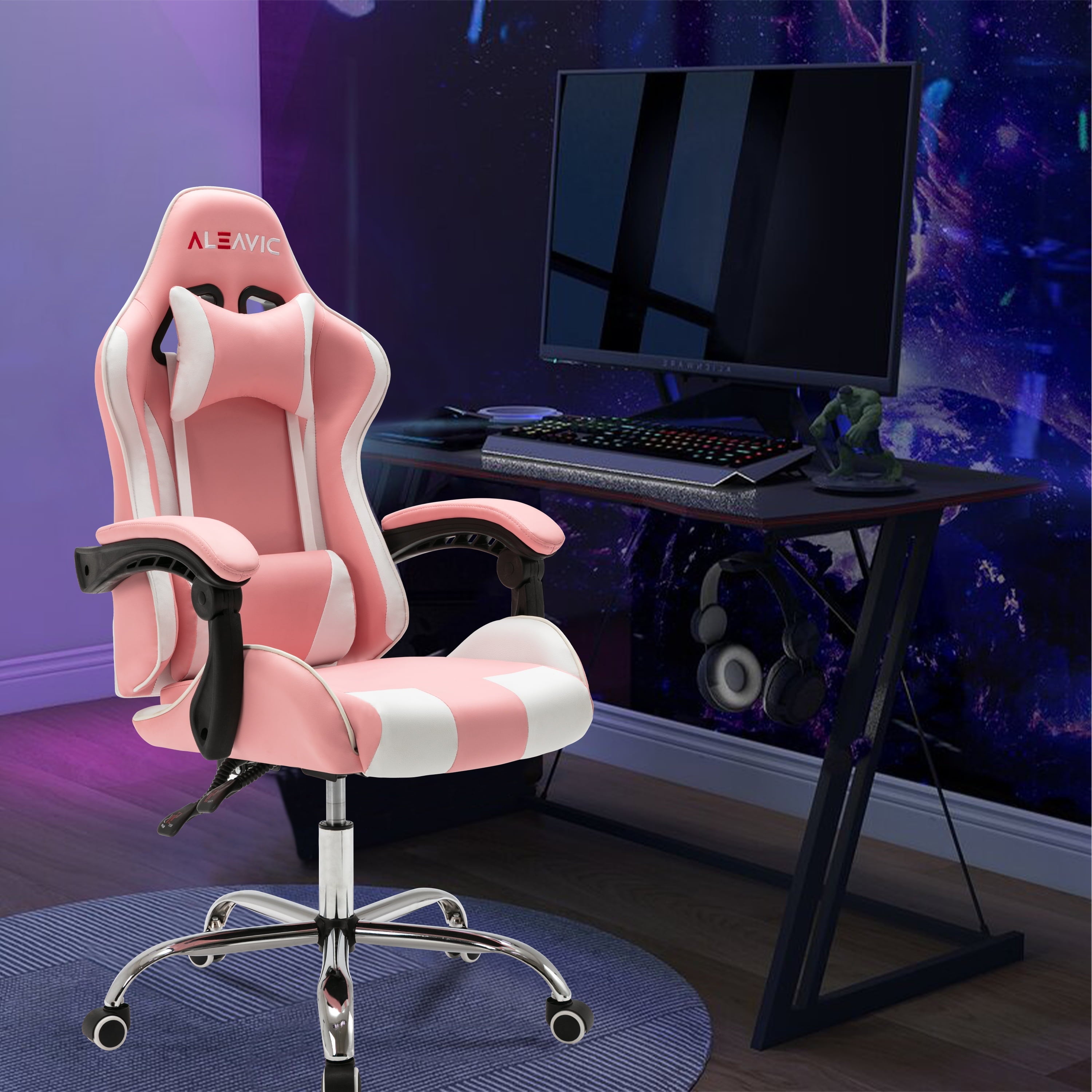 ALEAVIC Ergonomic Gaming Chair, Adjustable PU Leather Gaming Chair for Adults, Pink