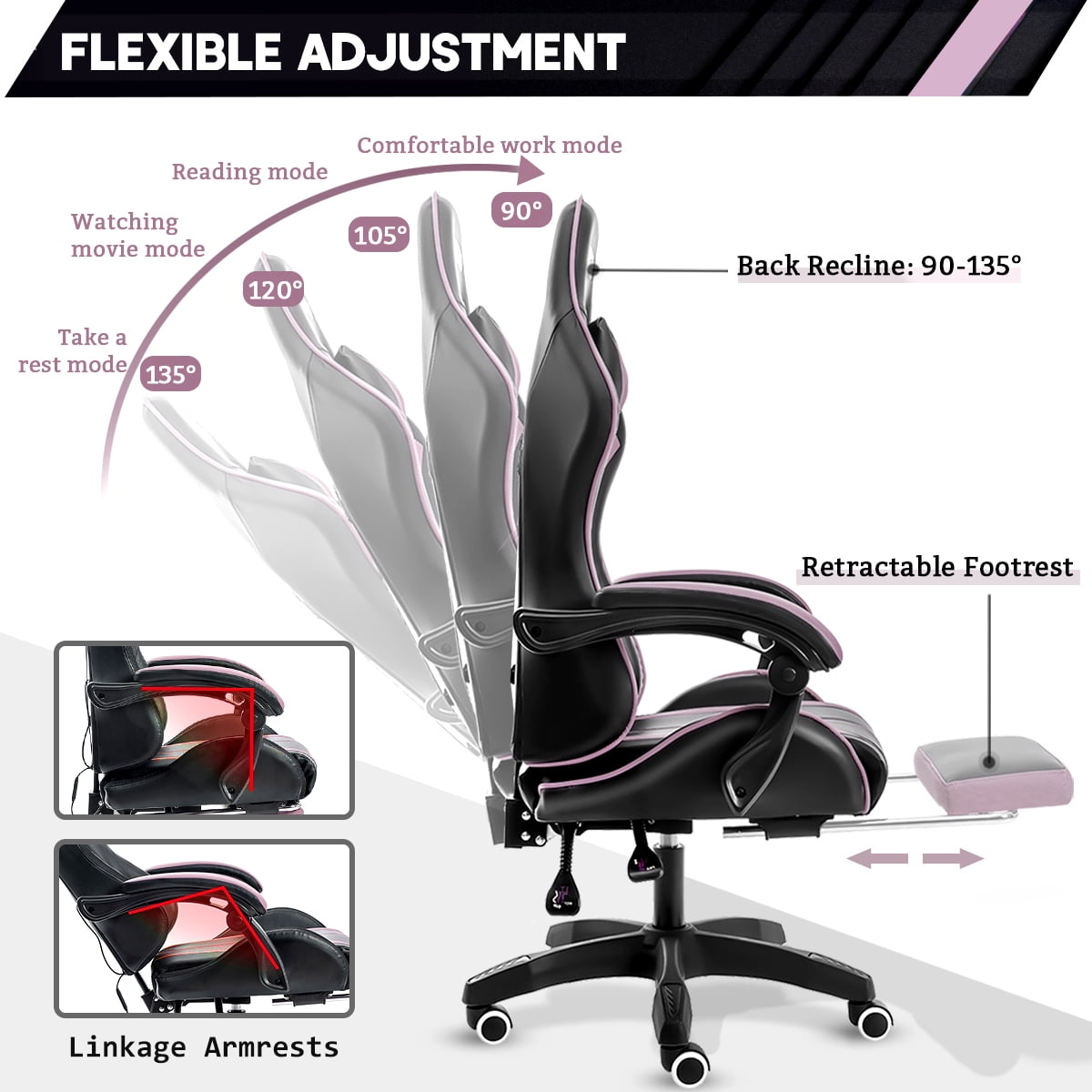 450lbs Massage Gaming Chair PC Office Chair with Massage Lumbar and Footrest, Linkage Armrest, High Back Ergonomic Desk Chair Ergonomic PU Leather Executive Computer Chair Lumbar Support for Women Men