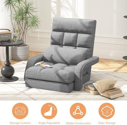 Floor Gaming Chair with 6 Adjustable Position, Foldable Lazy Sofa Chair with Armrest for Adult, Comfy Chaise Lounge Indoor, Breathable Floor Bed Sleeper for Bedroom, Yoga, Dorm