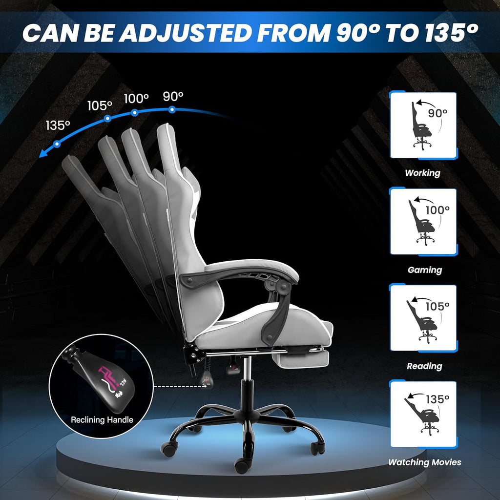 YUONAO White Gaming Chair with Footrest, Big and Tall Gamer Chair, Racing Style Adjustable Swivel Office Chair, Ergonomic Video Game Chairs with Headrest and Lumbar Support-Grey/White With Footrest
