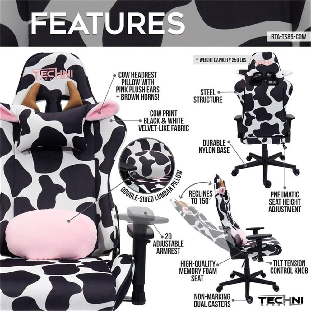 Pemberly Row Modern COW Print Fabric Gaming Chair Black/White