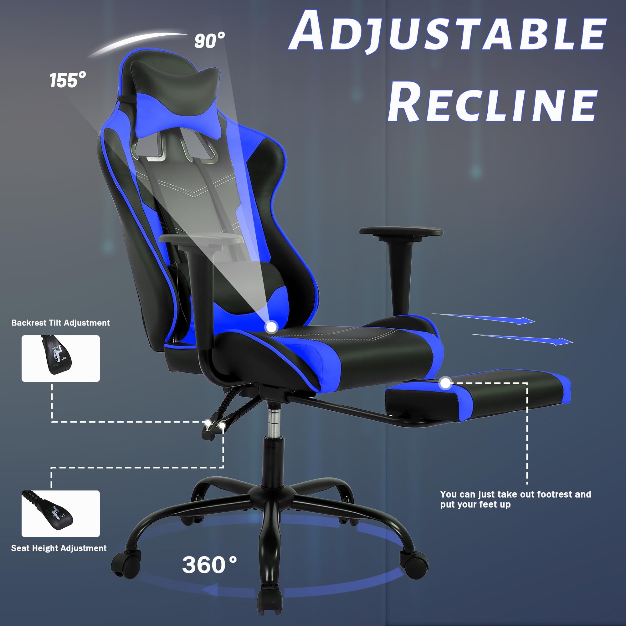 CL.HPAHKL Ergonomic Gaming Chair, PU Leather Recliner with Headrest Armrest Footrest Video Gamer Chair with Massage Lumbar Support Recliner Game Chair with 360° Swivel Seat, Blue