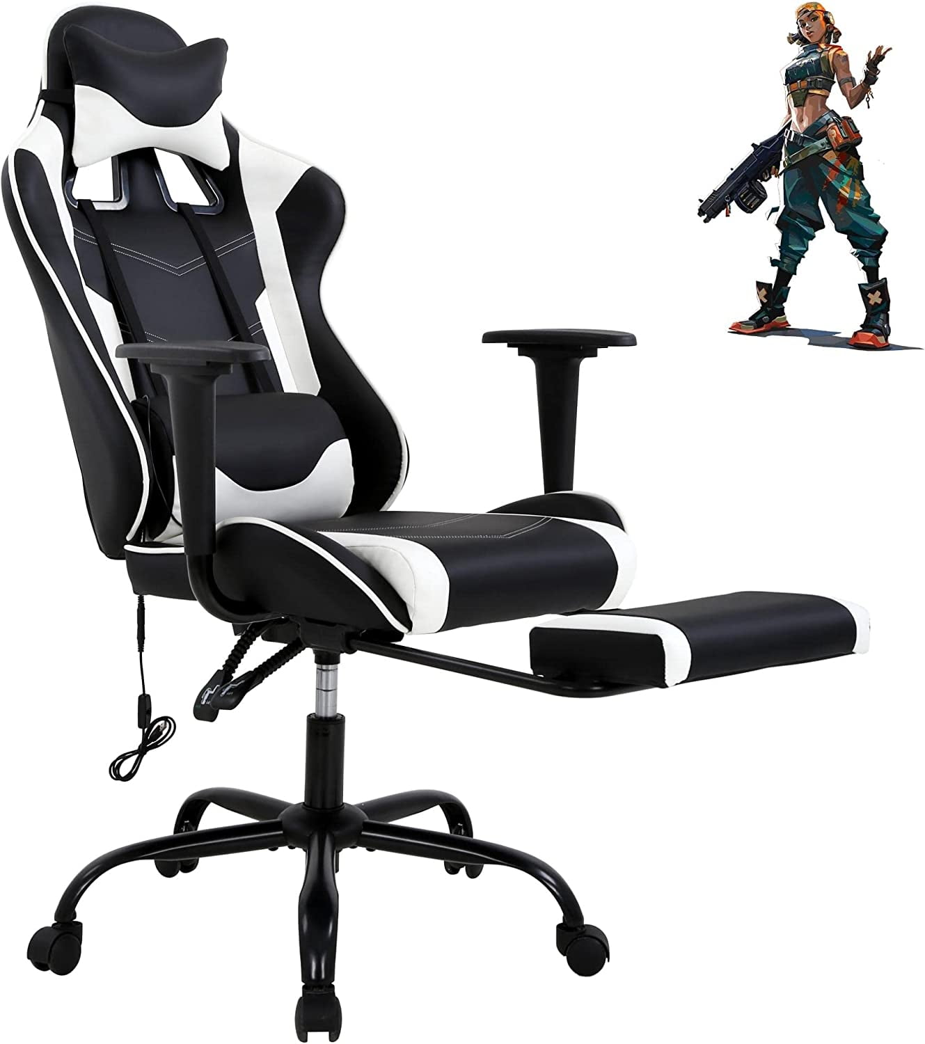 BIQWBIC Ergonomic Gaming Chair for Teens - Adjustable Game Chair with Headrest, Footrest & Lumbar Support, White