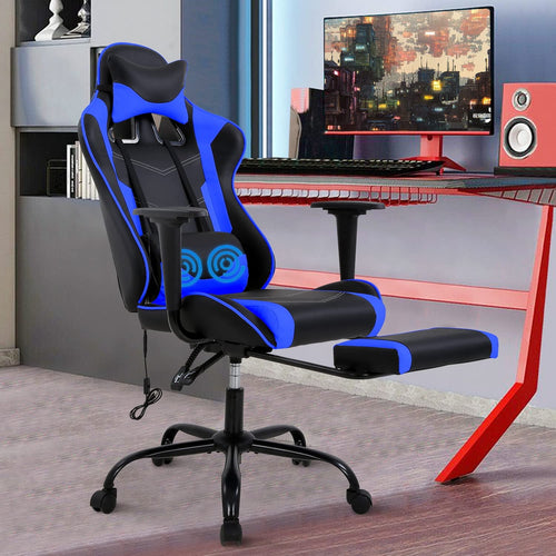 CL.HPAHKL Ergonomic Gaming Chair, PU Leather Recliner with Headrest Armrest Footrest Video Gamer Chair with Massage Lumbar Support Recliner Game Chair with 360° Swivel Seat, Blue