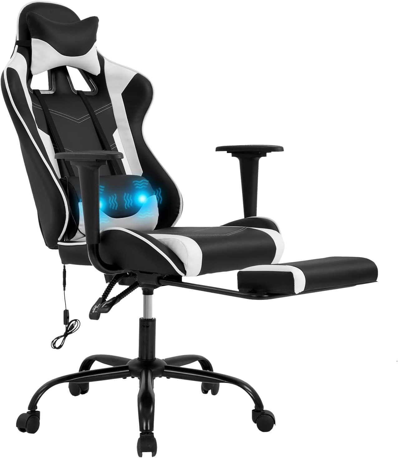 CL.HPAHKL Ergonomic Gaming Chair, PU Leather Recliner with Headrest Armrest Footrest Video Gamer Chair with Massage Lumbar Support Recliner Game Chair with 360° Swivel Seat, Blue