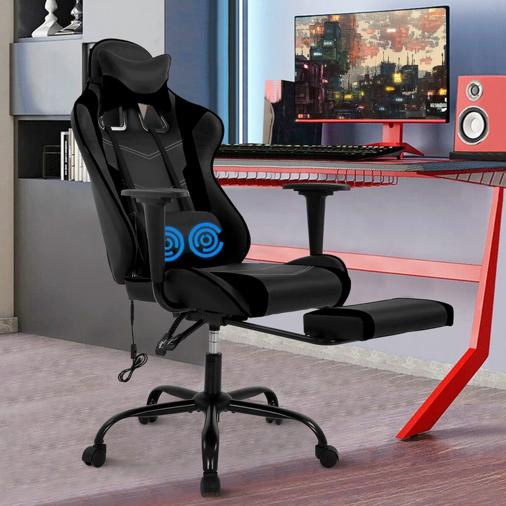 CL.HPAHKL Ergonomic Gaming Chair, PU Leather Recliner with Headrest Armrest Footrest Video Gamer Chair with Massage Lumbar Support Recliner Game Chair with 360° Swivel Seat, Blue