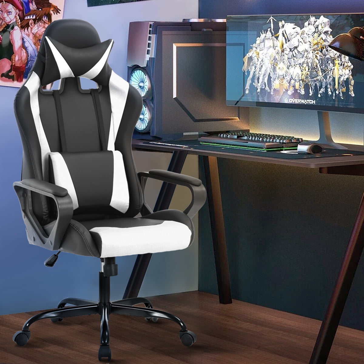 Dkelincs Gaming Chair for Teens PC Computer Chairs with Headrest,Waist Pillow and Quiet Rolling Wheels, White