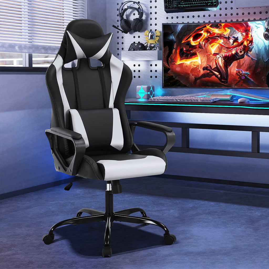 Dkelincs High Back Gaming Chair Racing Office Chair Leather Ergonomic Computer Chair Adjustable Swivel Rolling Desk Chair for Adults Teens, White