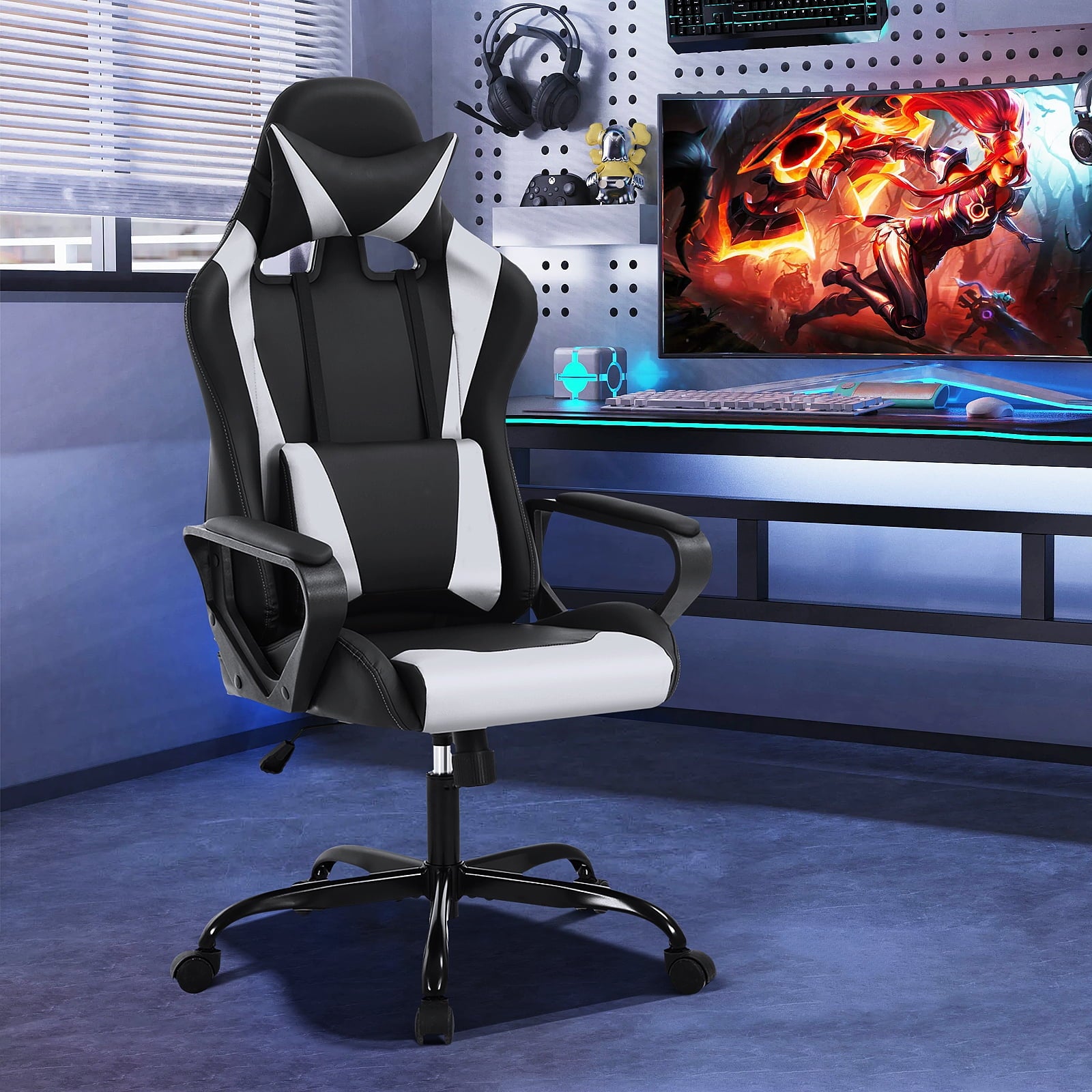 Dkelincs High Back Gaming Chair Racing Office Chair Leather Ergonomic Computer Chair Adjustable Swivel Rolling Desk Chair for Adults Teens, White