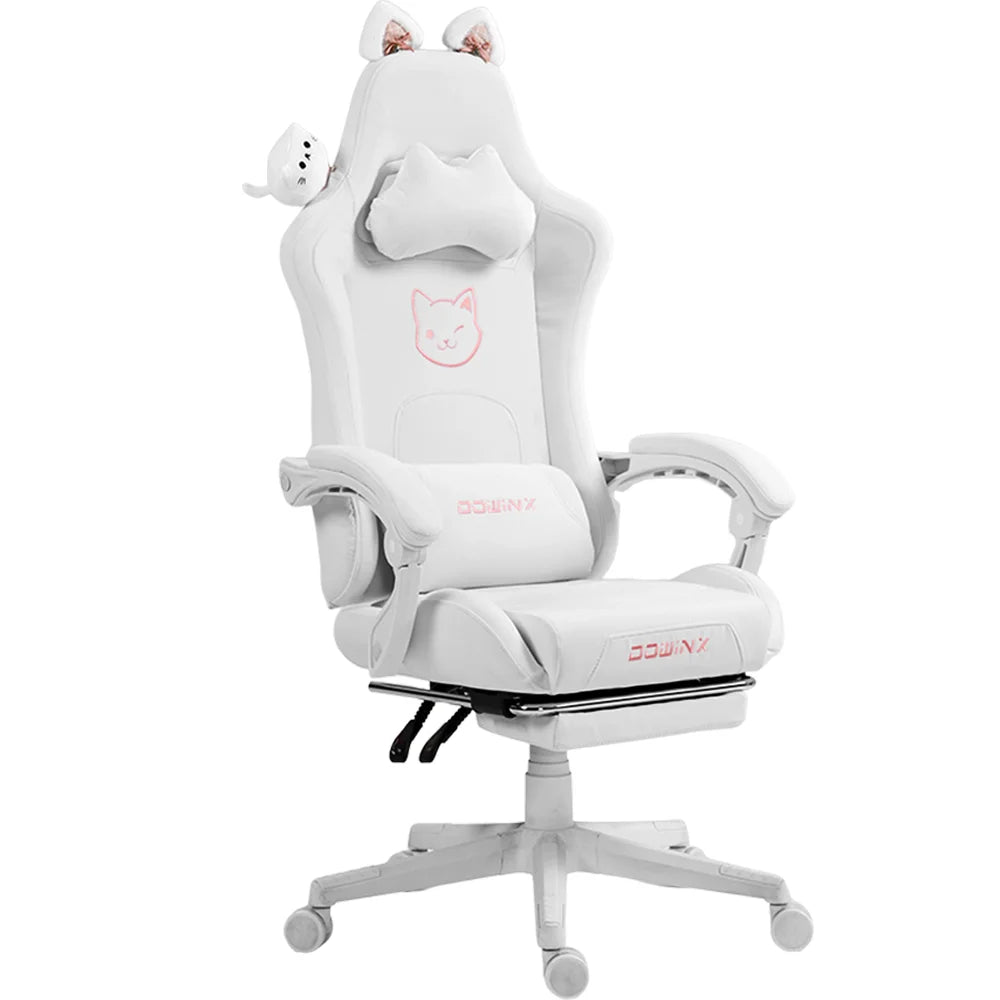 Dowinx Gaming Chair with Cat Ears, Massage Lumbar & Footrest - Ergonomic Reclining Computer Chair for Girls, 290LBS, White
